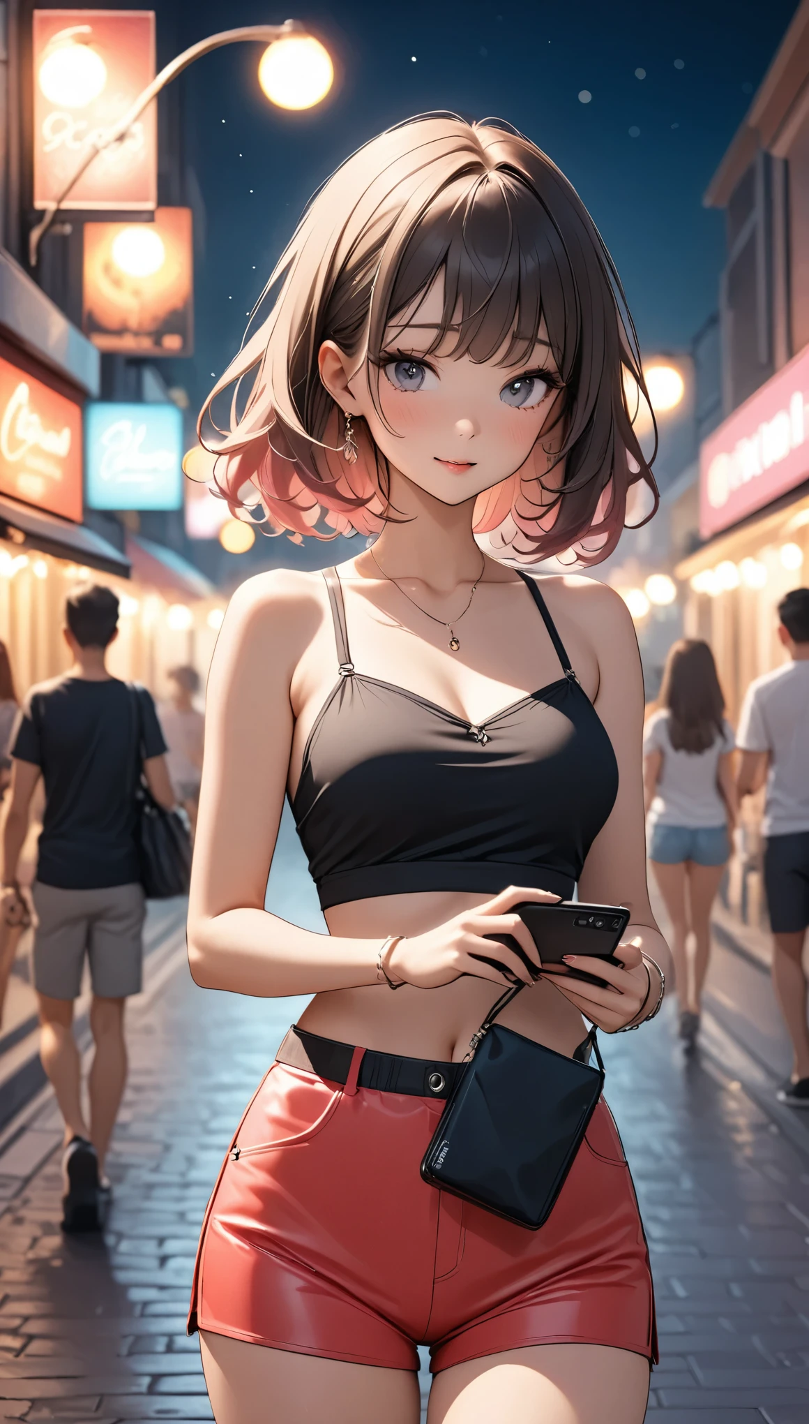 Beautiful woman, street lights at night, Fiddling with smartphones, Hot Pants, black, pink, summer, feel hot, Passersby, night gradient, fine details, Subtle tones, There is a sense of tranquility in the picture. Bokeh, 