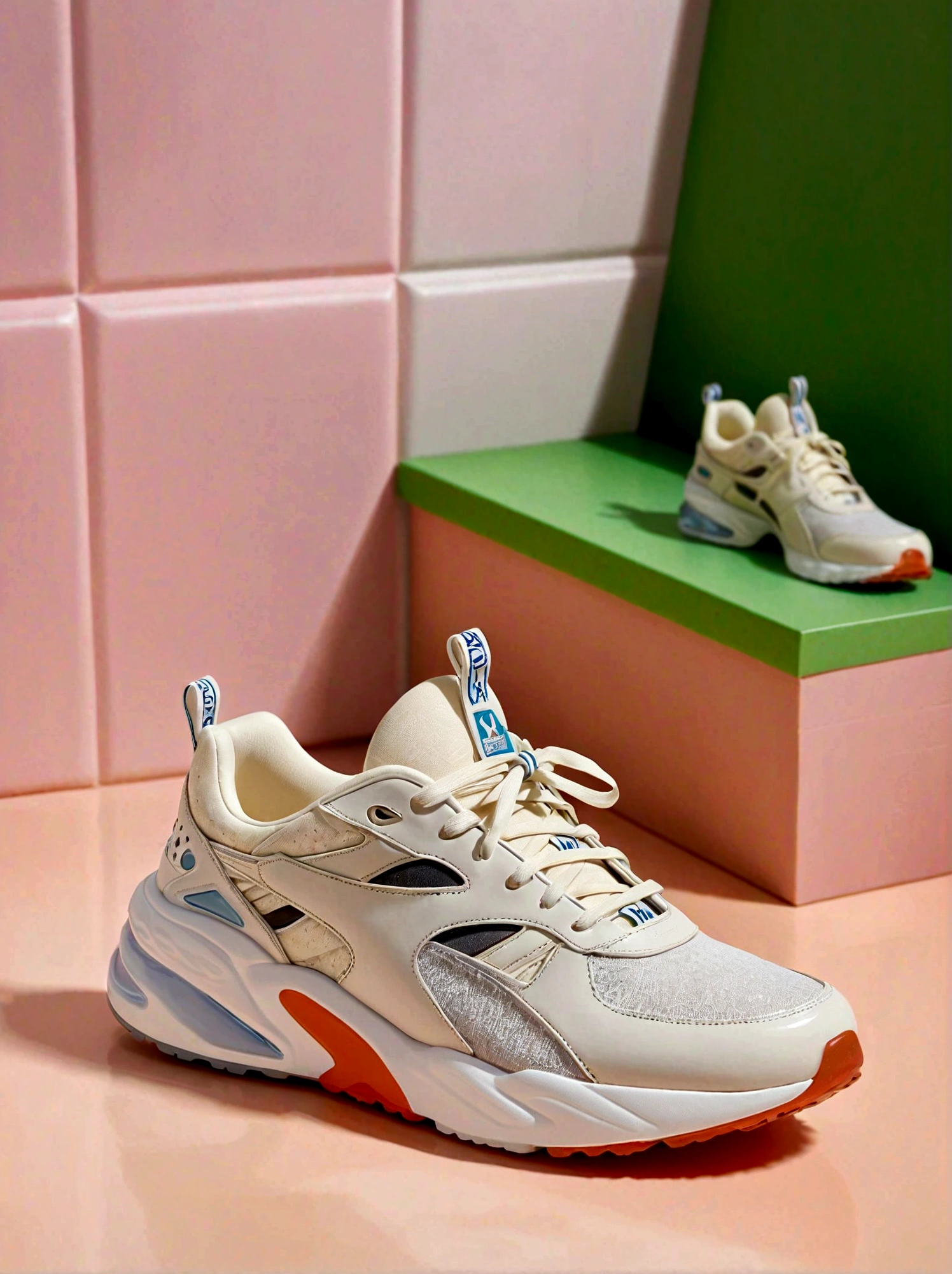 Design a pair of running shoes,Background clean yellow green gradient,Only shoes appear,The shoes must be seen all over the body,Shoes are shiny,Fine details,HD resolution,Best picture quality,Higher quality,High Detail,Ultra-high resolution,8K resolution,masterpiece