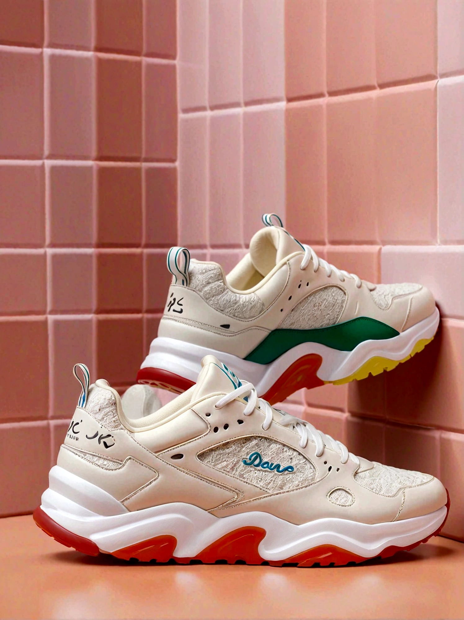 Design a pair of running shoes，Background clean yellow green gradient，Only shoes appear，The shoes must be seen all over the body，Shoes are shiny，Fine details，HD resolution，Best picture quality，Higher quality，High Detail，Ultra-high resolution，8K resolution，masterpiece