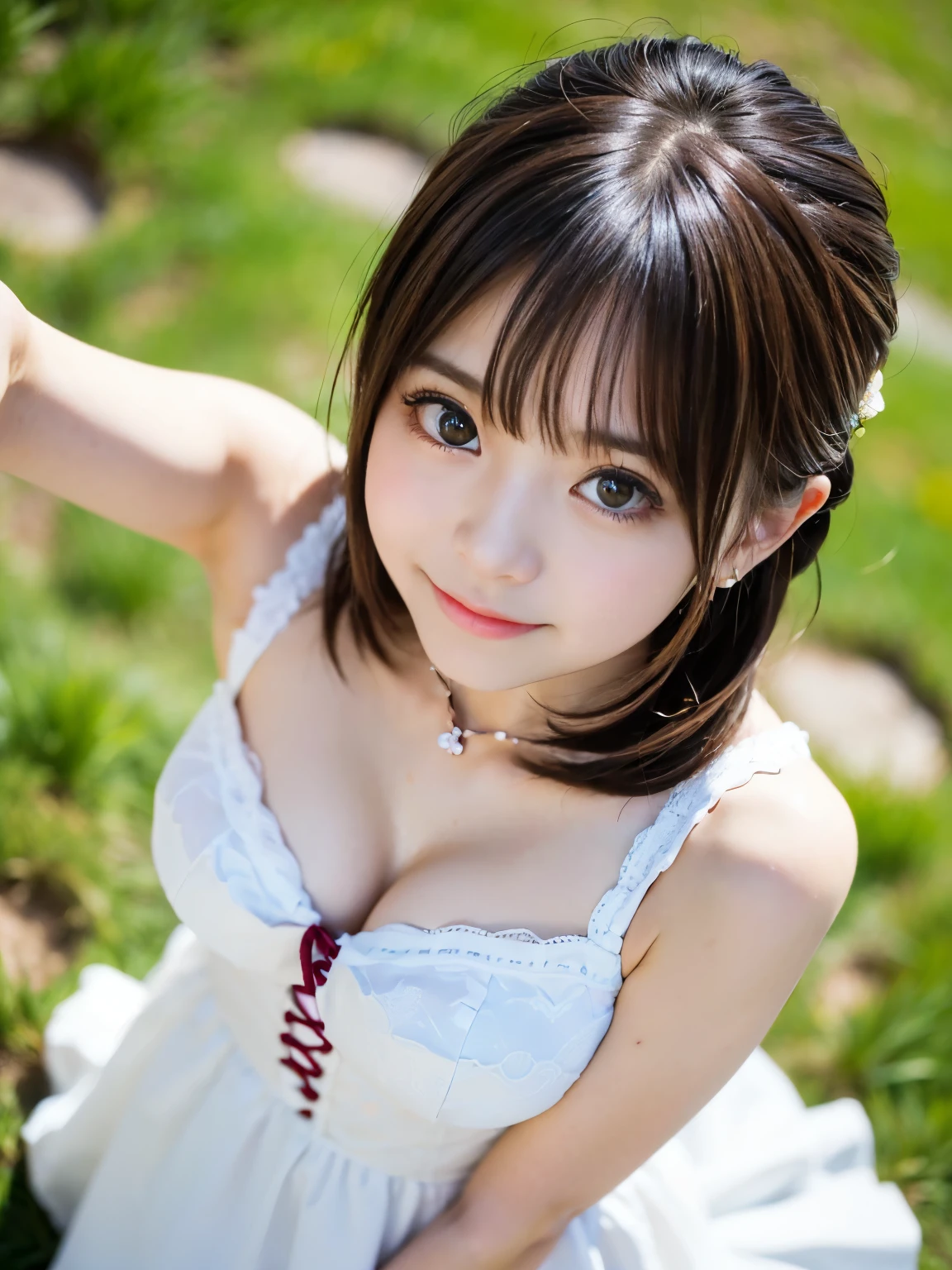 (Best-quality, Masterpiece, Ultra-High-Resolution, (Photorealistic:1.4), Raw Photo, depth of field, professional lighting, perfect anatomy, extremely details), ((from below, extremely-low-angle-shot, clear sky, sunny day, looking down at viewer, jumping):1.3), 1girl, the most famous Japanese idol, wearing cute-lacy long-dress, innocent smile, (extremely cute and extremely realistic face like the most popular Japanese idol, ((extremely cute and extremely realistic big-eyes)), extremely cute and extremely realistic hair), (((extremely cute and extremely realistic skins))), dynamic pose