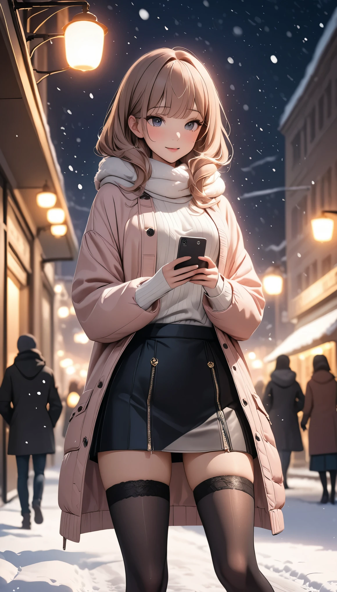Beautiful woman, street lights at night, Fiddling with smartphones, Hot Pants, pink, snow, snowing, Passersby, night gradient, fine details, Subtle tones, There is a sense of tranquility in the picture. Bokeh, stockings