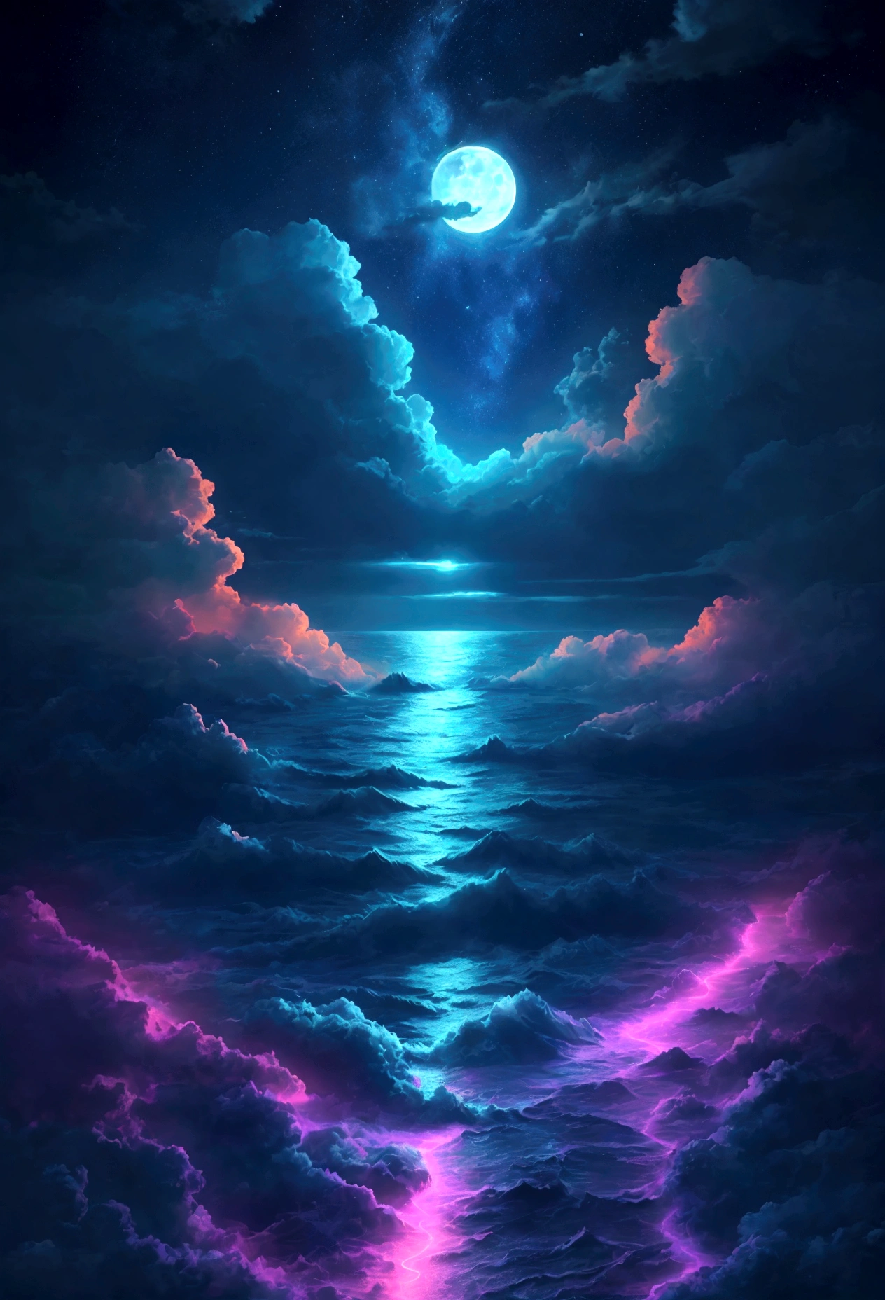 Neon Light Art, In the dark of night, Sea, Clouds, Moon, Stars, Colorful, Detailed, 4K