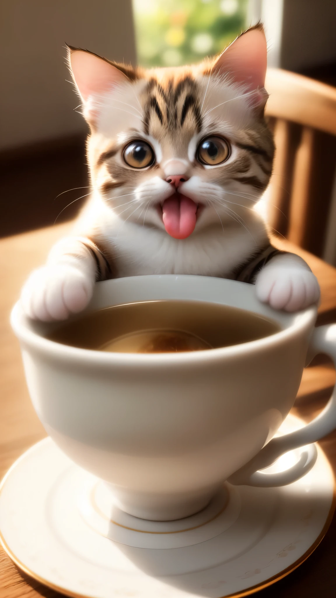 Cat, ((((small)))), in a teacup, face out, tongue sticking, paws sticking out of teacup, 8k, professional photo, delicate, clear, on table, in the house, sunshine, light leak, masterpiece, ((((pretty))), (fashionable teacup), reality, like a stuffed animal