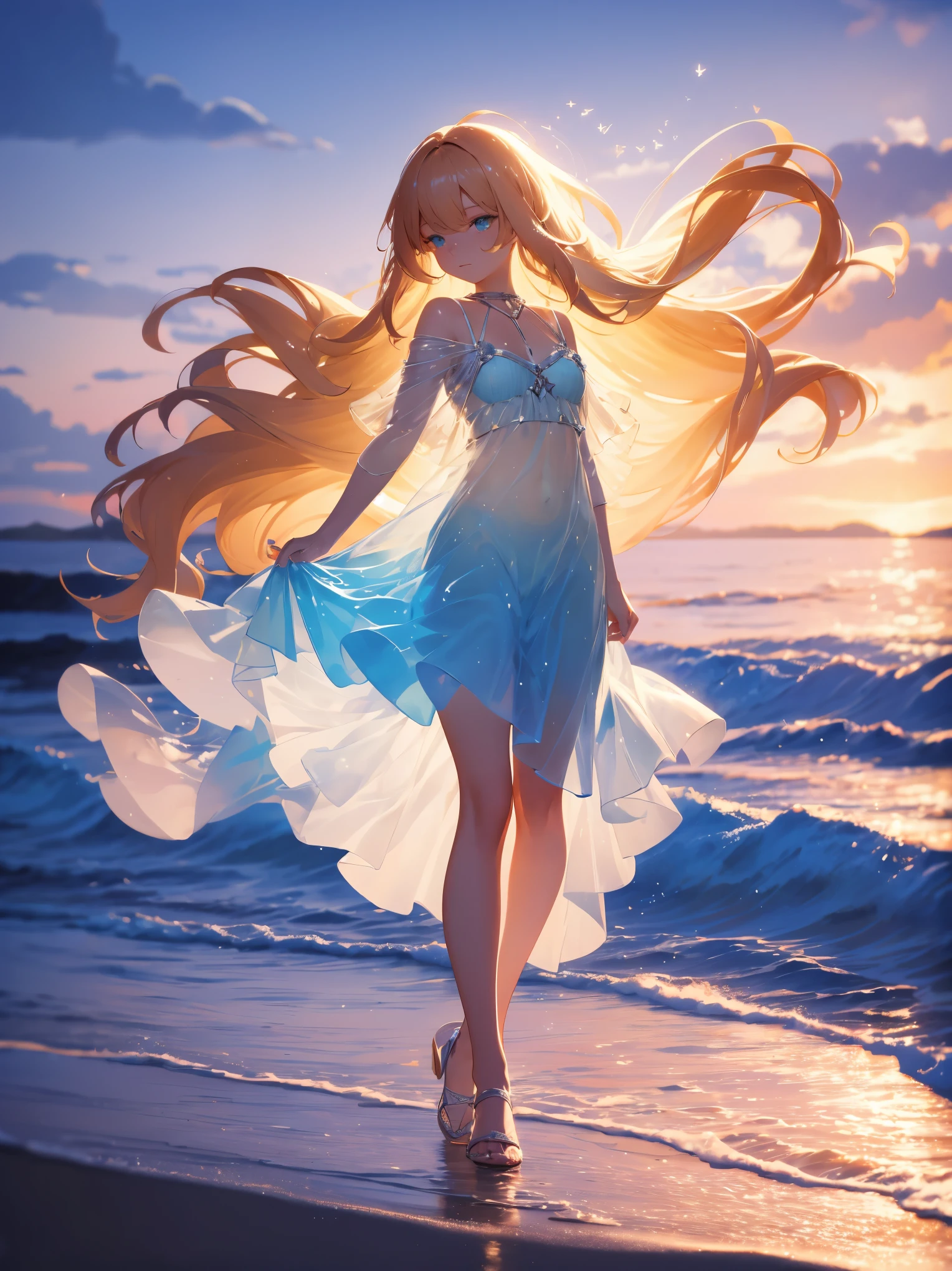 masterpiece， high quality， Stills， a girl，blonde，night，Night Sky， Floating in the sky， cloud girl， cloud， （Features： 1.1），  rich and colorful， Transparent body，shiny，Full Body Love，Green skirt，Blue skirt，Transparent clothes