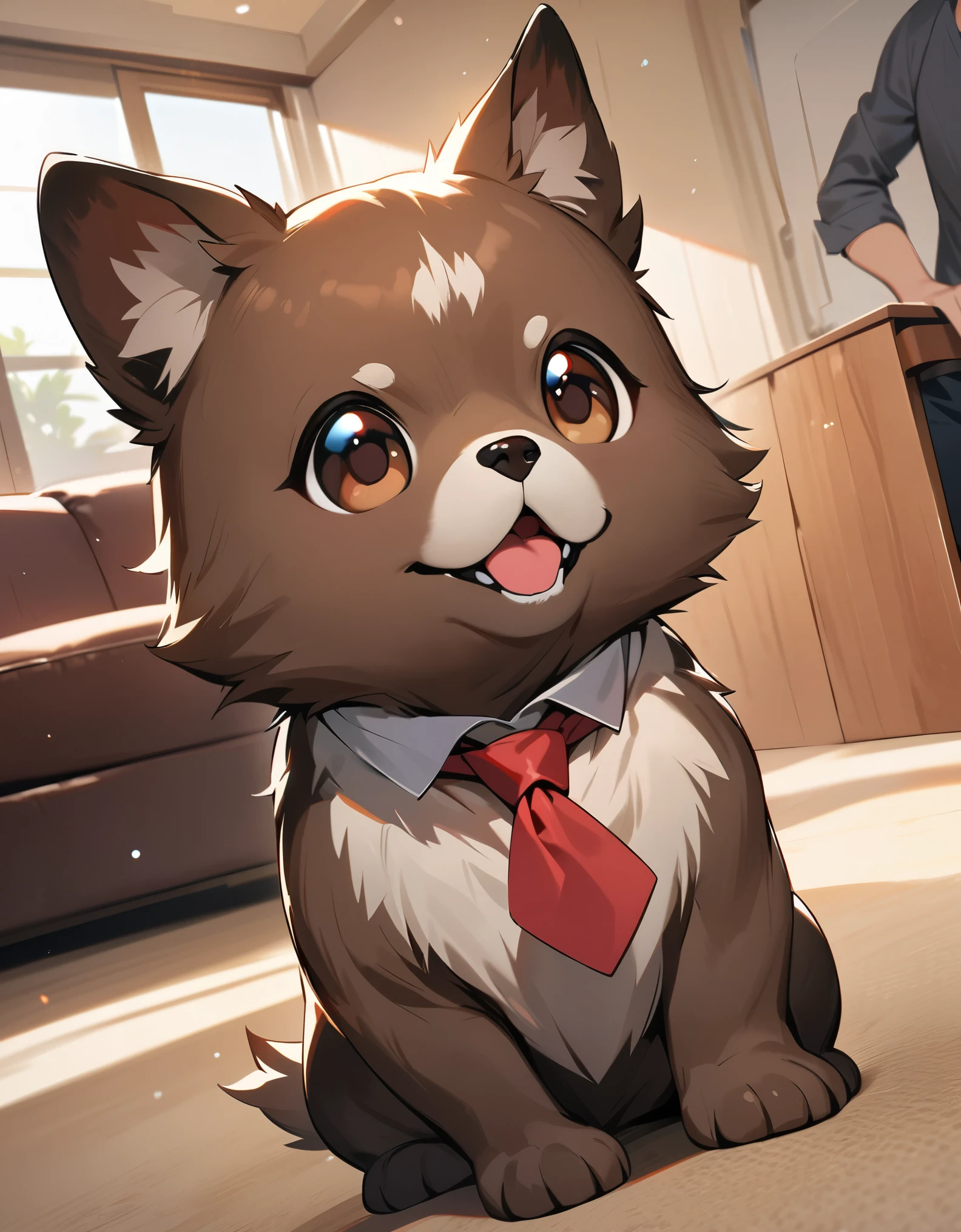 best quality, (masterpiece:1.2), best quality, solo, solo focus, PIXIV, cute dog, small dog, dark brown fur, red bow necktie, living room backdrop, playful
