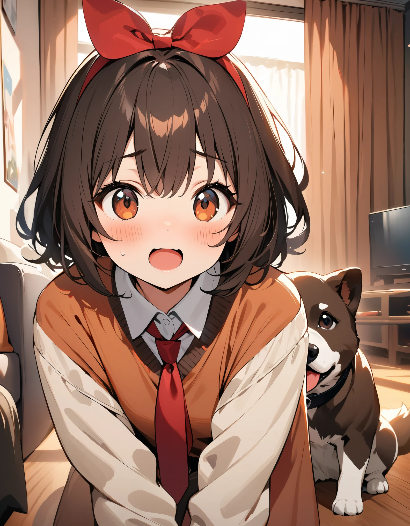 best quality, (masterpiece:1.2), best quality, solo, solo focus, PIXIV, cute dog, small dog, dark brown fur, red bow necktie, living room backdrop, playful