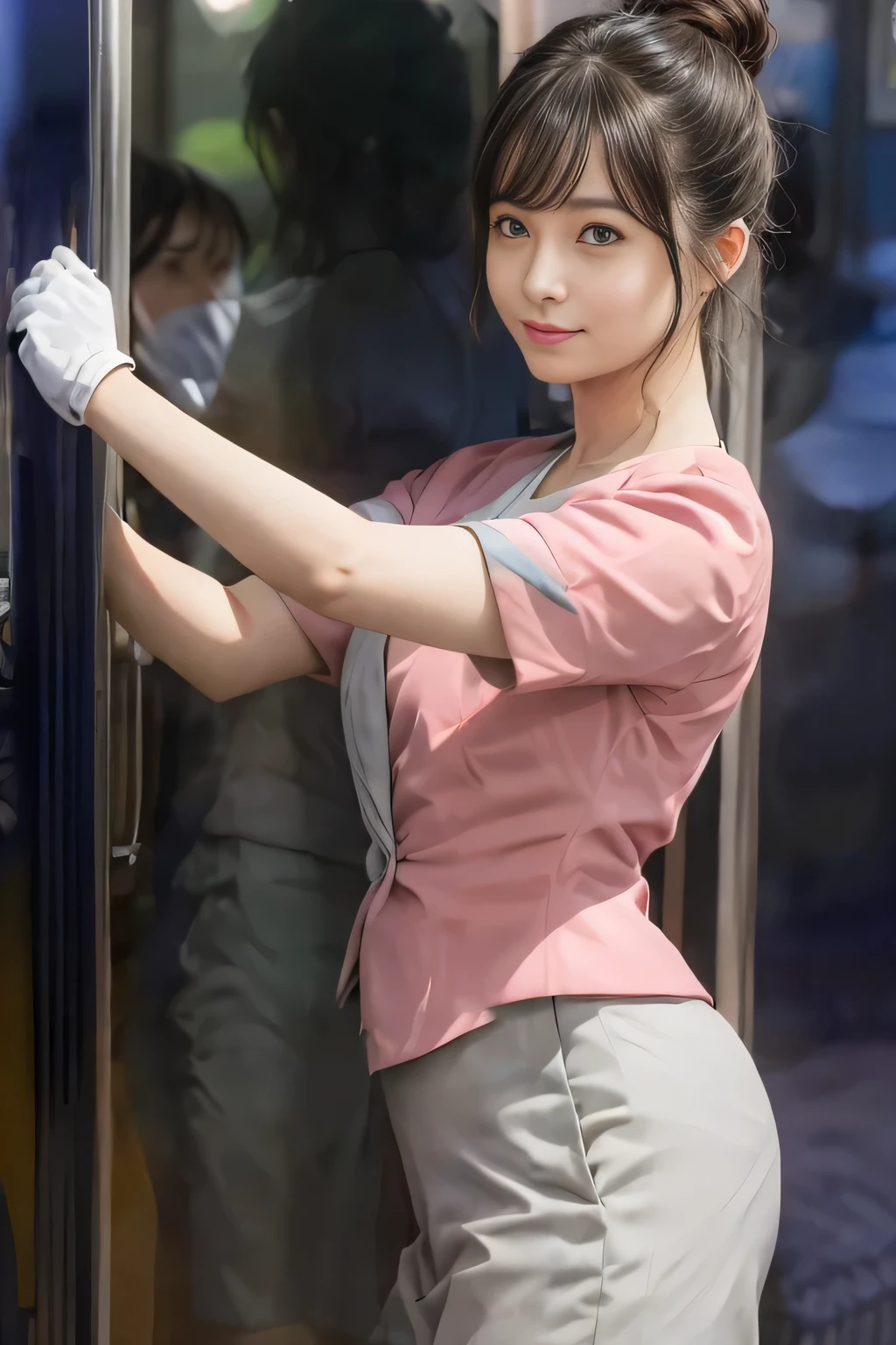 (masterpiece:1.2, highest quality:1.2), 32K HDR, High resolution, (alone、1 girl)、(On the rooftop of a building in the daytime、Professional Lighting)、Building rooftop background、(Nankai train crew uniform pinkを着たリアルスタイル)、(Nankai train crew uniform pink short sleeve collarless pink jacket、Nankai Train Crew Uniform Pink Collarless Short Sleeve Blouse、Nankai Train Crew Uniform Pink Grey Knee-length Culottes)、((The bottom of the pink short-sleeved jacket cannot be tucked into the clay-colored culottes.))、Dark brown hair、(Hair tied up、Hair Bun、Hair Bun)、Dark brown hair、Long Shot、Big Breasts、Thin legs、((Great hands:2.0)),((Harmonious body proportions:1.5)),((Normal limbs:2.0)),((Normal finger:2.0)),((Delicate eyes:2.0)),((Normal eyes:2.0)))、smile、(Nankai Train Crew Uniform Pink Grey Knee-length Culottesを見せた美しい立ち姿)、