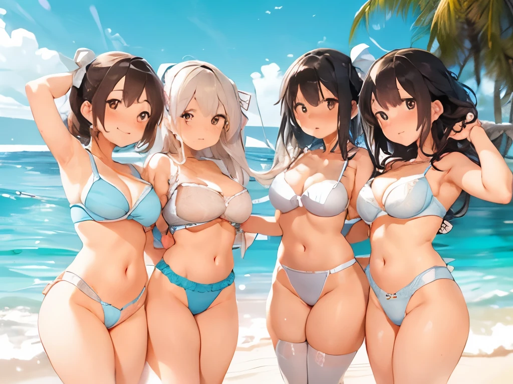 multiple girls, 3girls, kneeling, giantess art, highly detailed giantess shot, giantess, most detailed, perfect face, two legs, five fingers, short hair, beautiful girl bigger than a skyscraper, wearing rimless glasses, smiling, huge breasts, swimsuit, maid bikini, stiletto heels, under heavy attack, seaside metropolis, very small metropolis, miniature metropolis, full body depiction, GTS, giga giant, trampling city, crush city, tiny city, micro city, high resolution, best quality, masterpiece,