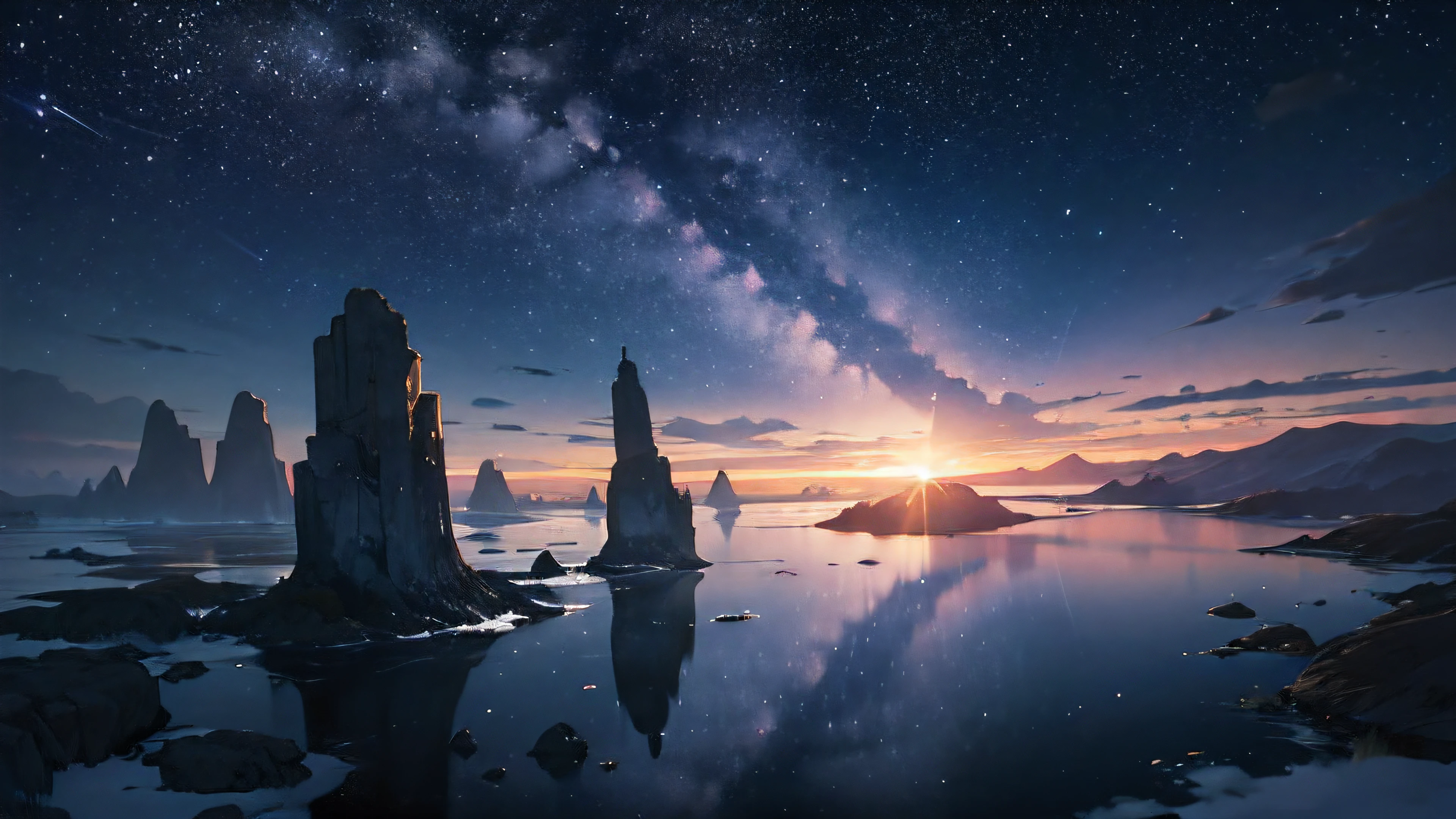 Pictures of starry skies, (Best quality), (masterpiece), (photorealistic), (realistic), ultra-detailed, unity 8k wallpaper, extremely detailed CG, ray tracking, sharp shadows, wonderful details, depth of field, Ultra detailed background, (background oriented, Horizon, reflection), (starry sky twinkling in the fullness of the sky, Lots of water bubbles floating around):1.4, quiet night, midnight, wide shot, back shot, from below, perfect lighting, panoramic view, dynamic shot, nature spreading out, no civilization in sight, no buildings, girls:0.2,