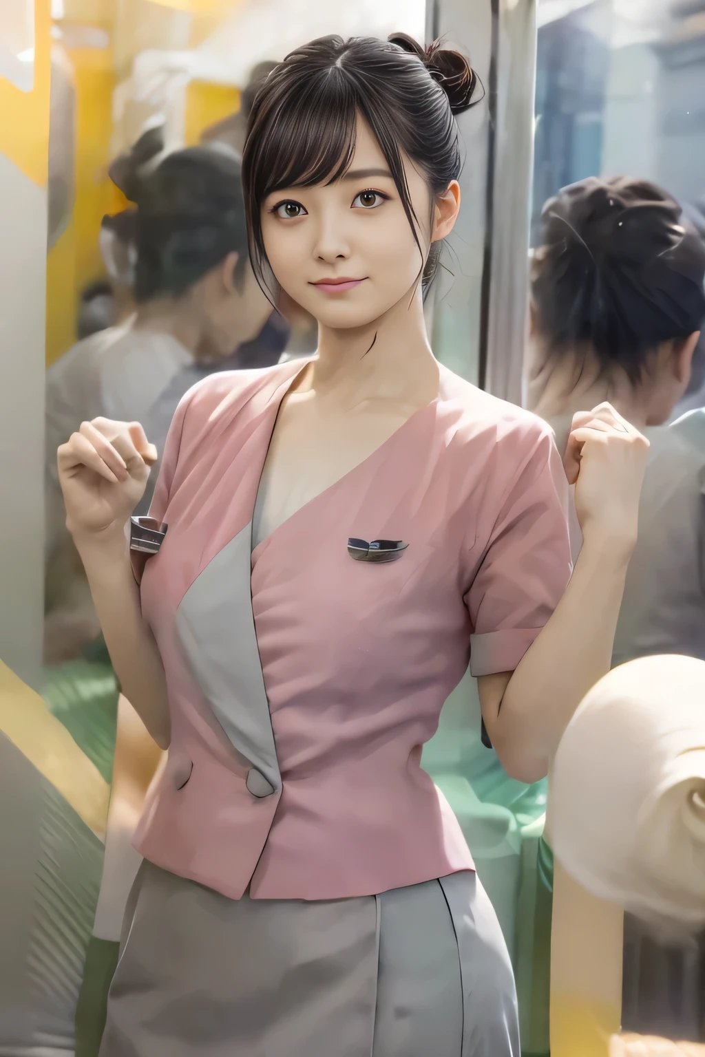 (masterpiece:1.2, highest quality:1.2), 32K HDR, High resolution, (alone、1 girl)、(On the rooftop of a building in the daytime、Professional Lighting)、Building rooftop background、(Nankai train crew uniform pinkを着たリアルスタイル)、(Nankai train crew uniform pink short sleeve collarless pink jacket、Nankai Train Crew Uniform Pink Collarless Short Sleeve Blouse、Nankai Train Crew Uniform Pink Grey Knee-length Culottes)、((The bottom of the pink short-sleeved jacket cannot be tucked into the clay-colored culottes.))、Dark brown hair、(Hair tied up、Hair Bun、Hair Bun)、Dark brown hair、Long Shot、Big Breasts、Thin legs、((Great hands:2.0)),((Harmonious body proportions:1.5)),((Normal limbs:2.0)),((Normal finger:2.0)),((Delicate eyes:2.0)),((Normal eyes:2.0)))、smile、(Nankai Train Crew Uniform Pink Grey Knee-length Culottesを見せた美しい立ち姿)、