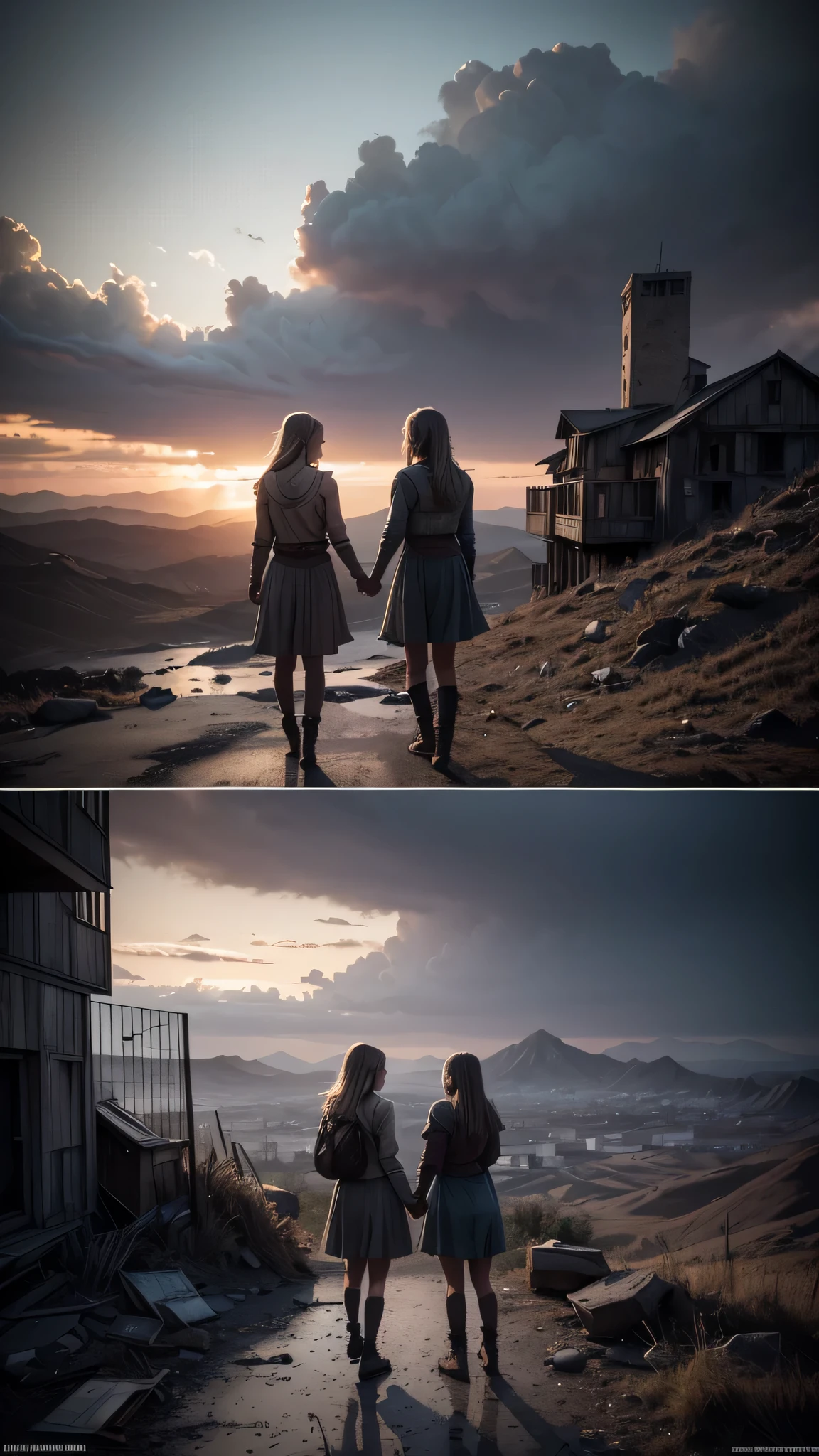 2 girls, friends, ((friendship)), end of the world, epic realistic, (hdr:1.4), (muted colors:1.4), apocalypse, abandoned, neutral colors, night, screen space refractions, (intricate details), (intricate details, hyperdetailed:1.2), artstation, cinematic shot, vignette, complex background, building,((holding hands))