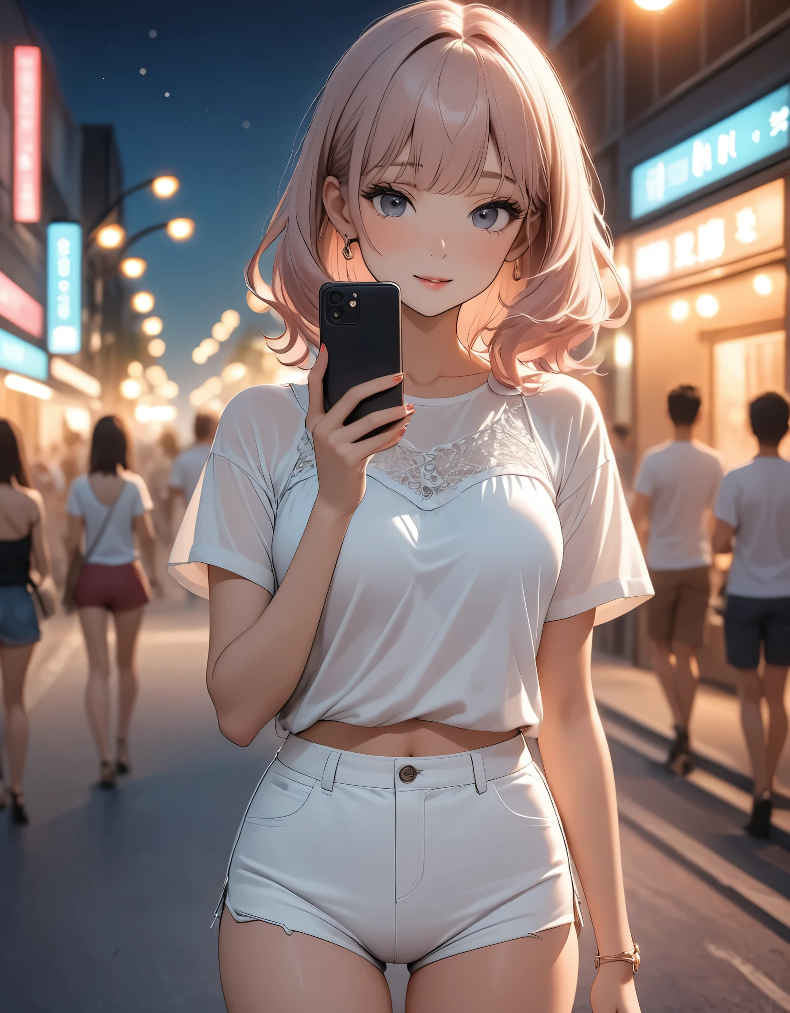 Beautiful woman, street lights at night, Fiddling with smartphones, Hot Pants, black, pink, summer, feel hot, Passersby, night gradient, fine details, Subtle tones, There is a sense of tranquility in the picture. Bokeh,