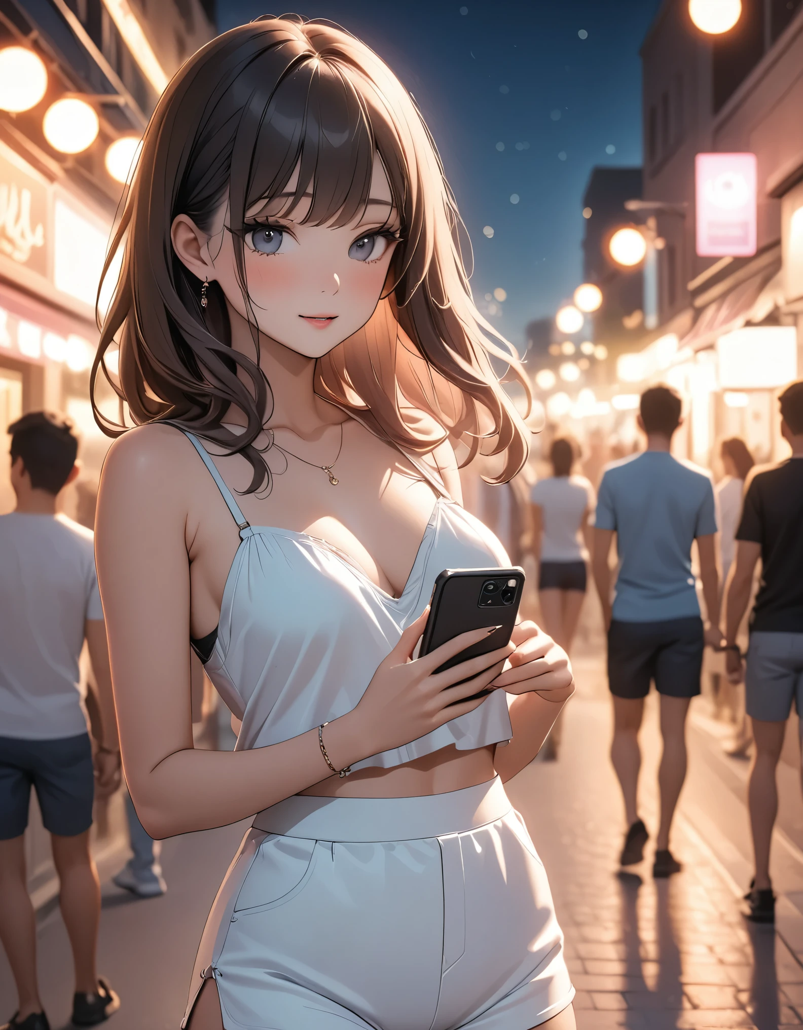 Beautiful woman, street lights at night, Fiddling with smartphones, Hot Pants, black, pink, summer, feel hot, Passersby, night gradient, fine details, Subtle tones, There is a sense of tranquility in the picture. Bokeh,