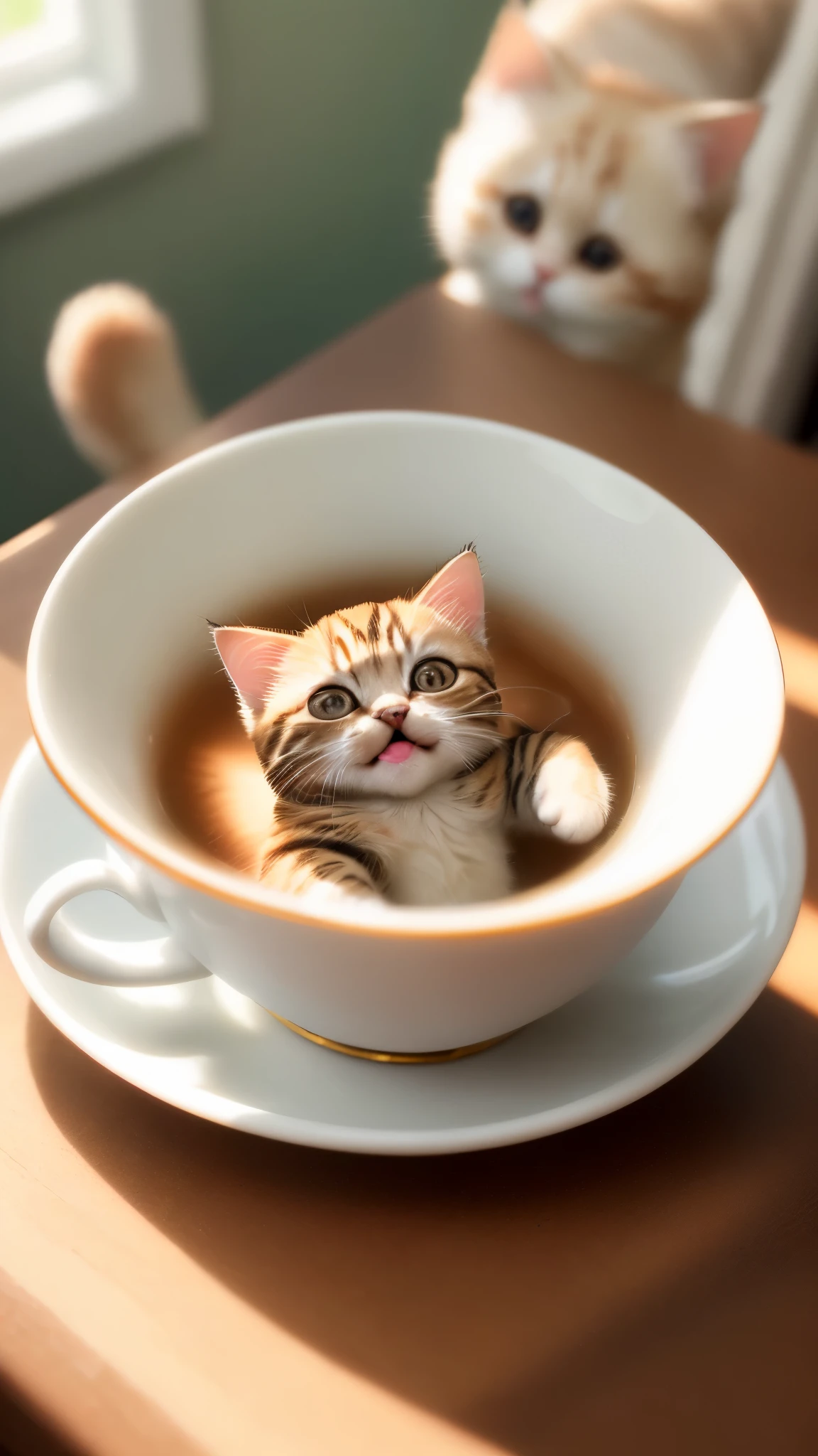 Cat, ((((small)))), in a teacup, face out, tongue sticking, paws sticking out of teacup, 8k, professional photo, delicate, clear, on table, in the house, sunshine, light leak, masterpiece, ((((pretty))), (fashionable teacup), reality, like a stuffed animal