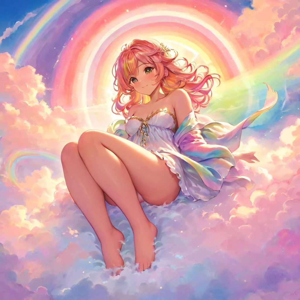 A stunningly ethereal woman, composed of a dazzling array of rainbow hues, reclines gracefully at the end of a radiant rainbow amidst the fluffy clouds in the sky. Bathed in dynamic and enchanting lighting, accentuates her vibrant, full-bodied form. Fantasy art. Masterpiece 