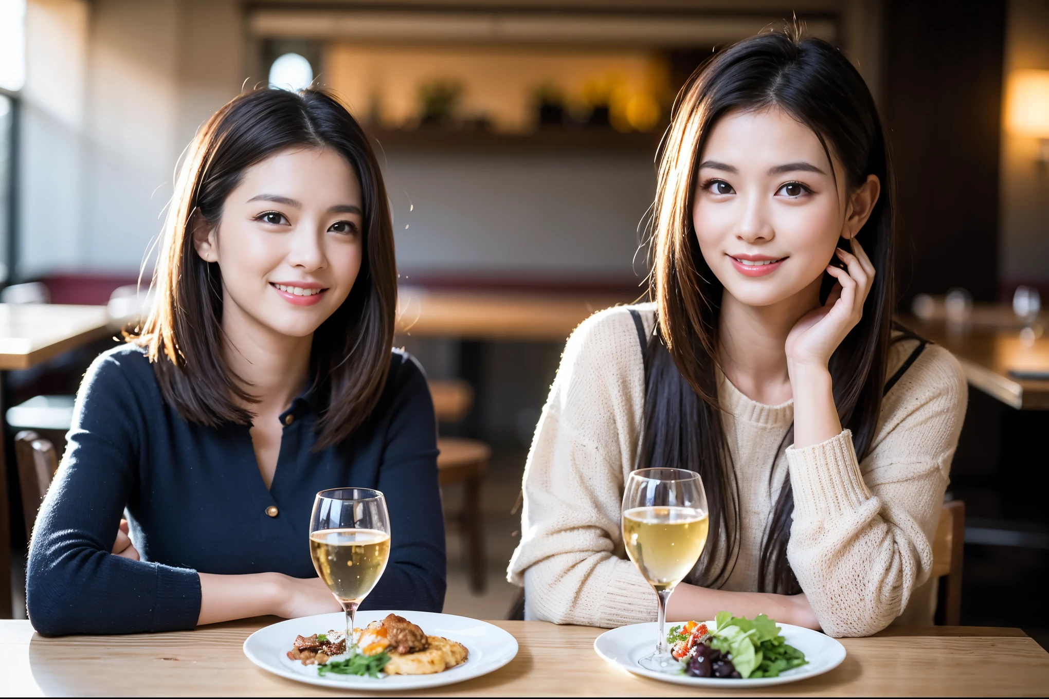((highest quality、8k、masterpiece:1.3))、beauty、1 male、1 female、Couple、Spouse、half、The body is slim、((Bob Hale、Straight hair:1.2)), (Realistic, Intricate details:1.2), full-course dinner,テーブルの上のwine glass、Put the light on your face、 Amazing view of the sunset sky and clouds、A bright smile、The wonderfulness of smile、Bright image、The beauty of wine, Beautiful Face, blue eyes, The light shines on your face, Blushing, short hair,Bright Face、 (45 years old), 39 years old, red wine 、Appetizers、Italian food、Wine bottle、Champagne、sparkling wine、Two beauties、Brown Hair、Shortcuts、Long sleeve shirt、dress、Pretty Woman 1, (slimな顔), (The body is slim), (Brown Hair), (Shortcuts), cheeks turn a little red,Attractive beauty、restaurant, In a prominent place (From the waist up) Nova Frog Style, actress, model, Upper Body, White wine, slim, wine glass, A wine glass placed in the center, smile, (smile: 1.15), Beautiful fine grain, Depth f/2,saturation, High Contrast, Strong light and shadow,Moist Body:1.5、3D texture、Delicate eyes、Brown Hair、The hair is very shiny、