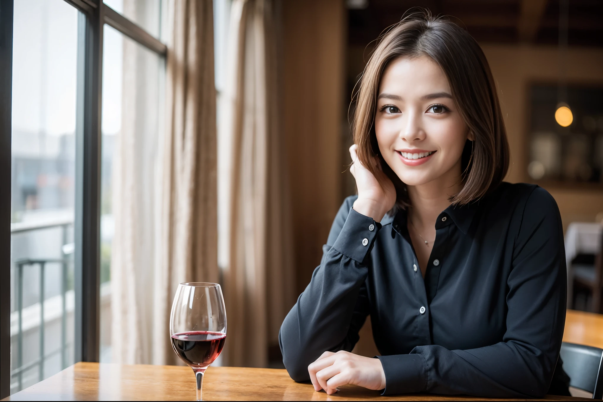((highest quality、8k、masterpiece:1.3))、beauty、1 male、1 female、Couple、Spouse、half、The body is slim、((Bob Hale、Straight hair:1.2)), (Realistic, Intricate details:1.2), full-course dinner,テーブルの上のwine glass、Put the light on your face、 Amazing view of the sunset sky and clouds、A bright smile、The wonderfulness of smile、Bright image、The beauty of wine, Beautiful Face, blue eyes, The light shines on your face, Blushing, short hair,Bright Face、 (45 years old), 39 years old, red wine 、Appetizers、Italian food、Wine bottle、Champagne、sparkling wine、Two beauties、Brown Hair、Shortcuts、Long sleeve shirt、dress、Pretty Woman 1, (slimな顔), (The body is slim), (Brown Hair), (Shortcuts), cheeks turn a little red,Attractive beauty、restaurant, In a prominent place (From the waist up) Nova Frog Style, actress, model, Upper Body, White wine, slim, wine glass, A wine glass placed in the center, smile, (smile: 1.15), Beautiful fine grain, Depth f/2,saturation, High Contrast, Strong light and shadow,Moist Body:1.5、3D texture、Delicate eyes、Brown Hair、The hair is very shiny、