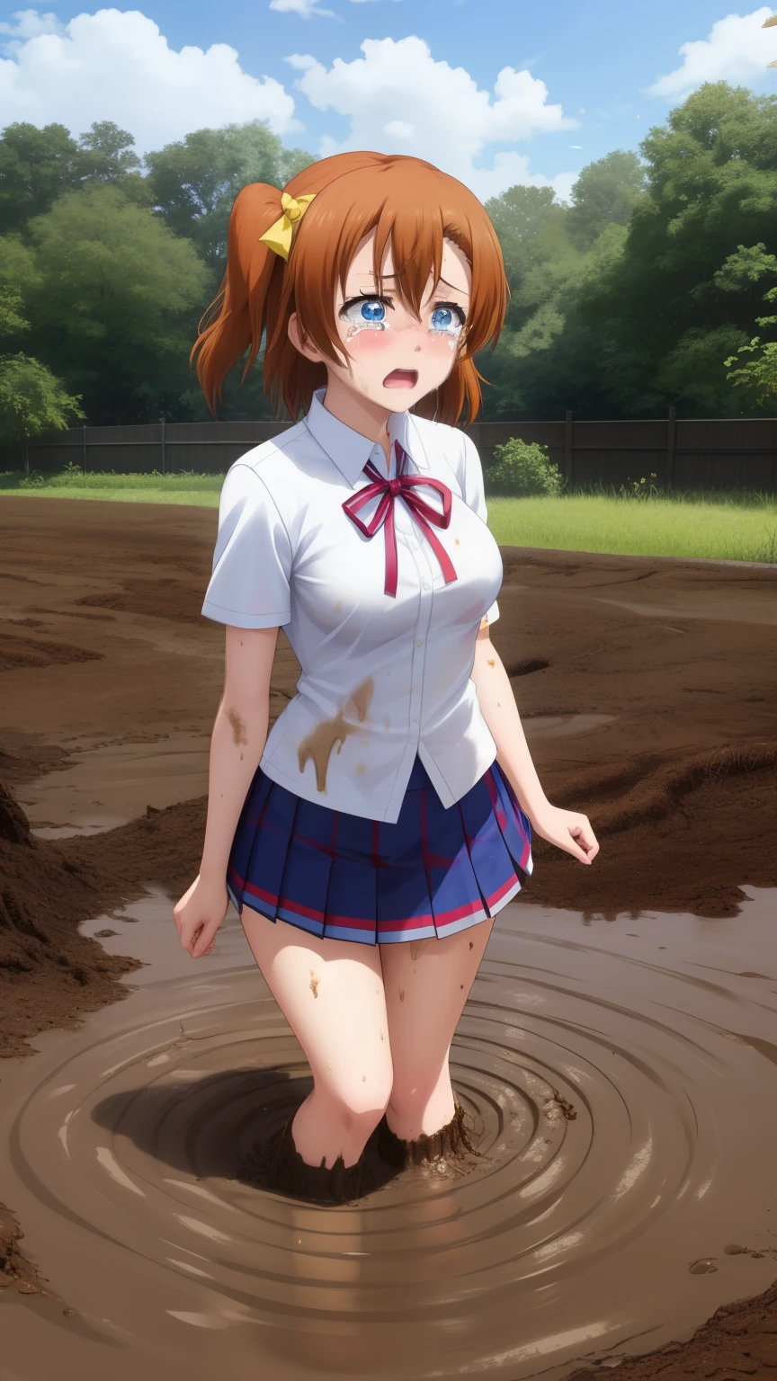 Solo, kousaka honoka, blue eyes, breasts, (tears), short_hair, glossy lips, bangs, medium breasts,  otonikazaka high school, white shirt, school neck ribbon, pleated miniskirt, school field, (sinking in mud:1.2)