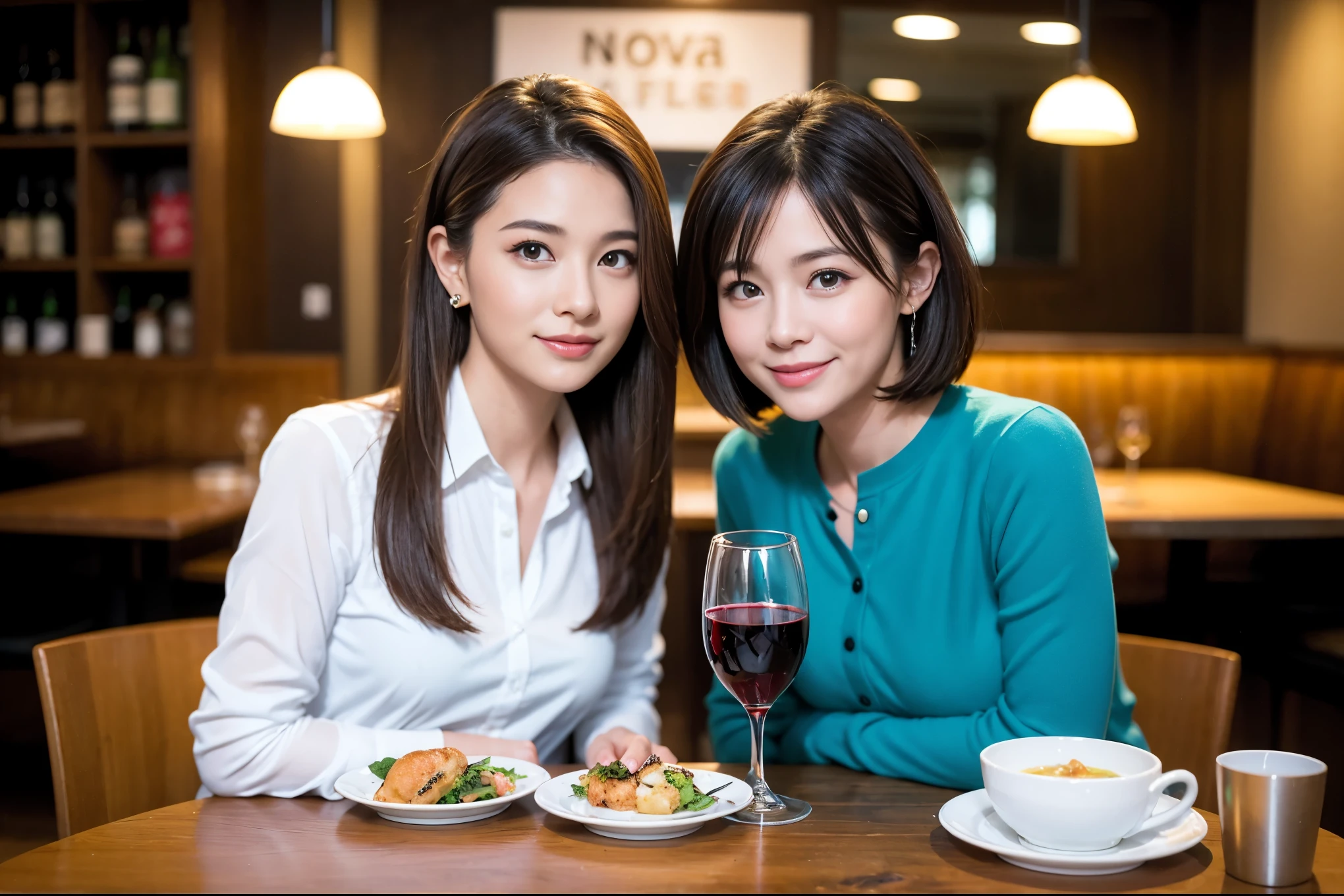 ((highest quality、8k、masterpiece:1.3))、beauty、1 male、1 female、Couple、Spouse、half、The body is slim、((Bob Hale、Straight hair:1.2)), (Realistic, Intricate details:1.2), full-course dinner,テーブルの上のwine glass、Put the light on your face、 Amazing view of the sunset sky and clouds、A bright smile、The wonderfulness of smile、Bright image、The beauty of wine, Beautiful Face, blue eyes, The light shines on your face, Blushing, short hair,Bright Face、 (45 years old), 39 years old, red wine 、Appetizers、Italian food、Wine bottle、Champagne、sparkling wine、Two beauties、Brown Hair、Shortcuts、Long sleeve shirt、dress、Pretty Woman 1, (slimな顔), (The body is slim), (Brown Hair), (Shortcuts), cheeks turn a little red,Attractive beauty、restaurant, In a prominent place (From the waist up) Nova Frog Style, actress, model, Upper Body, White wine, slim, wine glass, A wine glass placed in the center, smile, (smile: 1.15), Beautiful fine grain, Depth f/2,saturation, High Contrast, Strong light and shadow,Moist Body:1.5、3D texture、Delicate eyes、Brown Hair、The hair is very shiny、