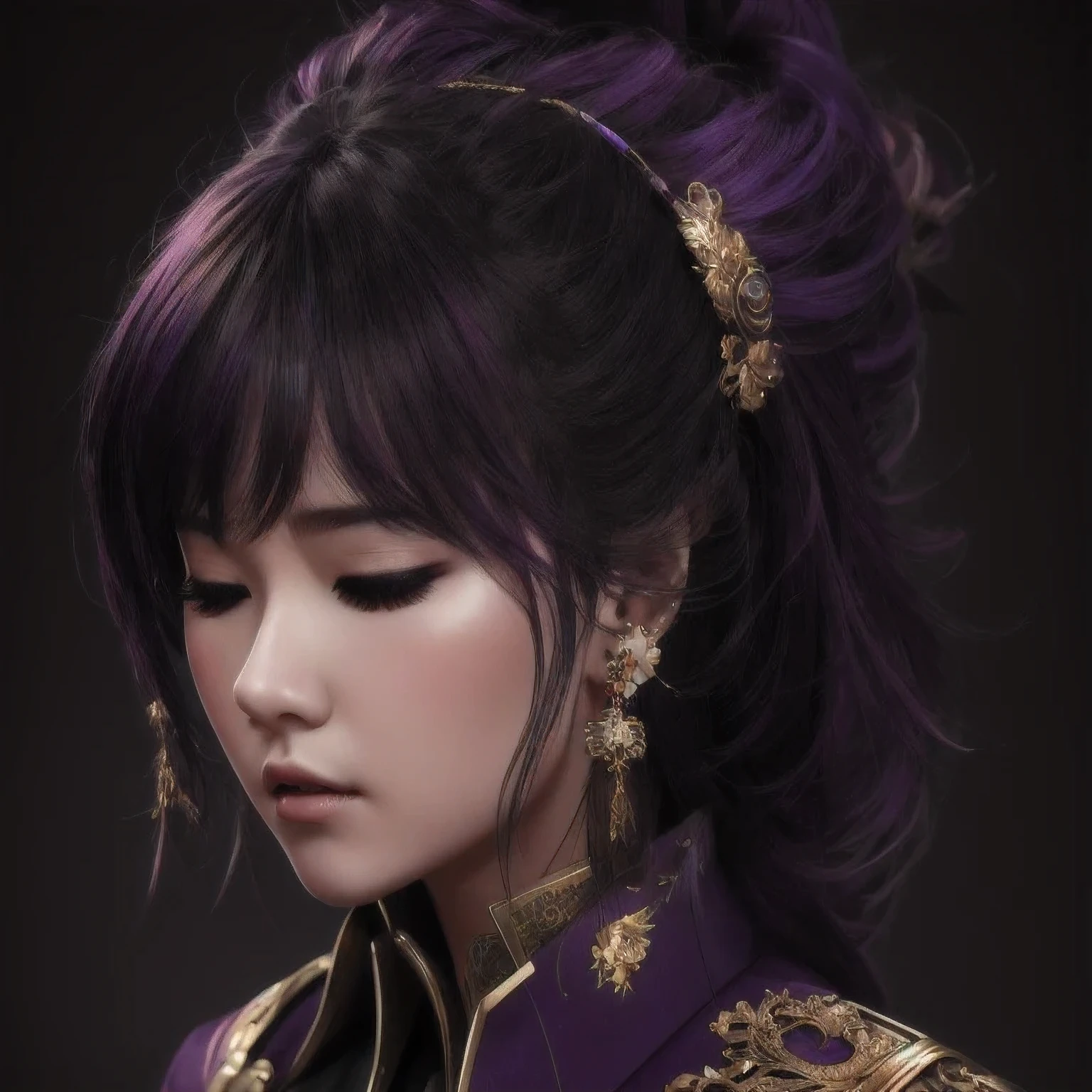 there is a 18 years old in a purple dress holding a dragon, wlop and ross tran, ross tran 8 k, fantasy art style, chengwei pan on artstation, a beautiful fantasy empress, ross tran and wlop, ruan jia and artgerm, the dragon girl portrait, ig model | artgerm, artgerm and ruan jia，beautiful
1girl
bangs
深绿 eyes
closed mouth
ear piercing
earrings
grey background
hair ornament
jewelry
lips
looking at viewer
military
military uniform
nose
piercing
portrait
realistic
short hair
simple background
solo
upper body