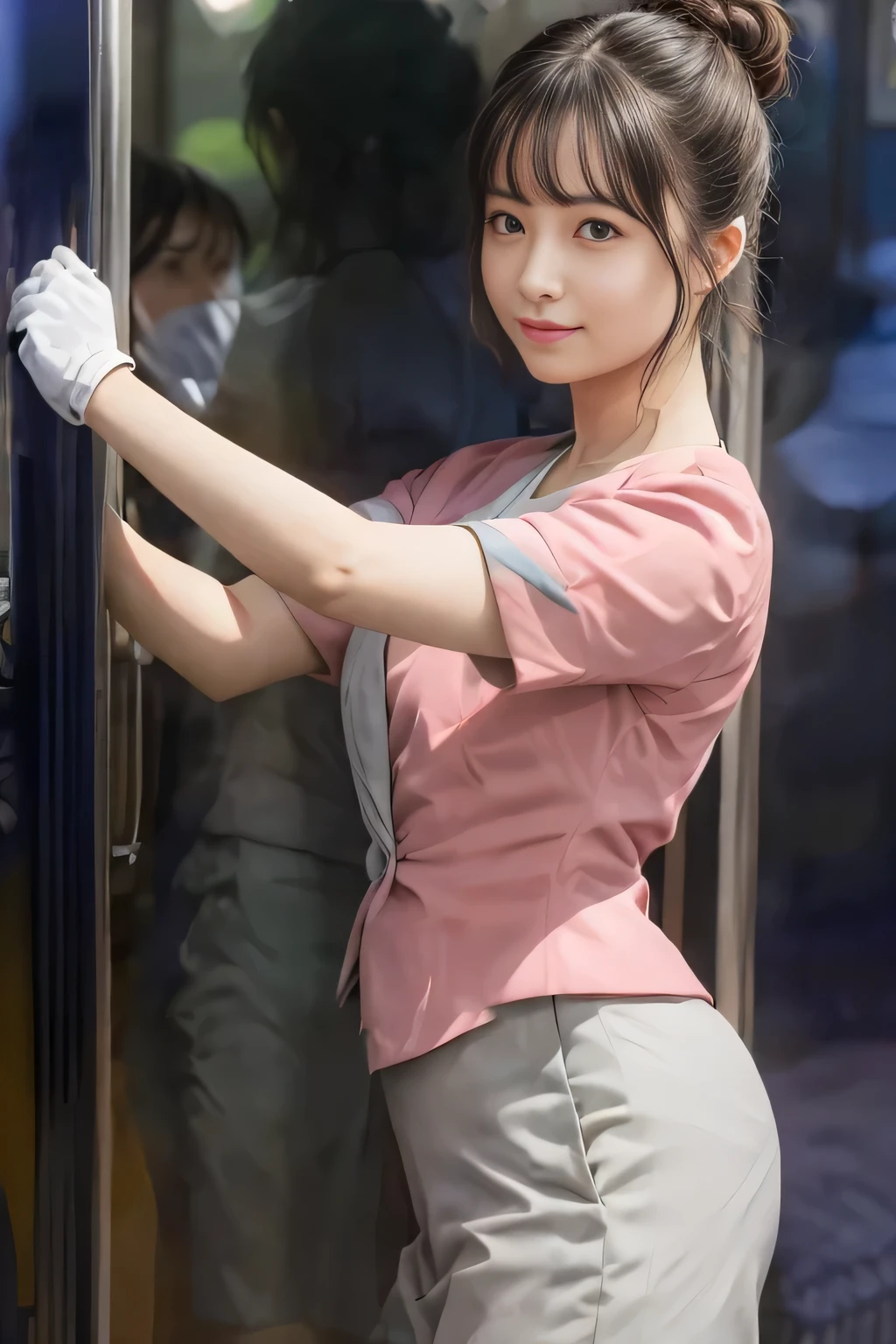 (masterpiece:1.2, highest quality:1.2), 32K HDR, High resolution, (alone、1 girl)、（On the rooftop of a building in the daytime、Professional Lighting）、Building rooftop background、（Nankai train crew uniform pinkを着たリアルスタイル）、（Nankai train crew uniform pink short sleeve collarless pink jacket、Nankai Train Crew Uniform Pink Collarless Short Sleeve Blouse、Nankai Train Crew Uniform Pink Grey Knee-length Culottes）、（（The bottom of the pink short-sleeved jacket cannot be tucked into the clay-colored culottes.））、Dark brown hair、（Hair tied up、Hair Bun、Hair Bun）、Dark brown hair、Long Shot、Big Breasts、Thin legs、（（Great hands：2.0）），（（Harmonious body proportions：1.5）），（（Normal limbs：2.0）），（（Normal finger：2.0）），（（Delicate eyes：2.0）），（（Normal eyes：2.0））)、smile、（Nankai Train Crew Uniform Pink Grey Knee-length Culottesを見せた美しい立ち姿）、