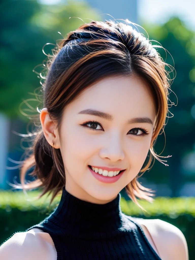 a gorgeous lady, age 18, (Mock Neck Crop Tank Top Black Knitwear), natural pose, night sky, dimpled smile, short ponytail, cute snaggleteeth, photorealistic, beautiful detailed eyes, hyper-realism, high contrast, ultra HD, realistic skin textures, top image quality, top-quality, super high resolution, fine details, very meticulously, bokeh background