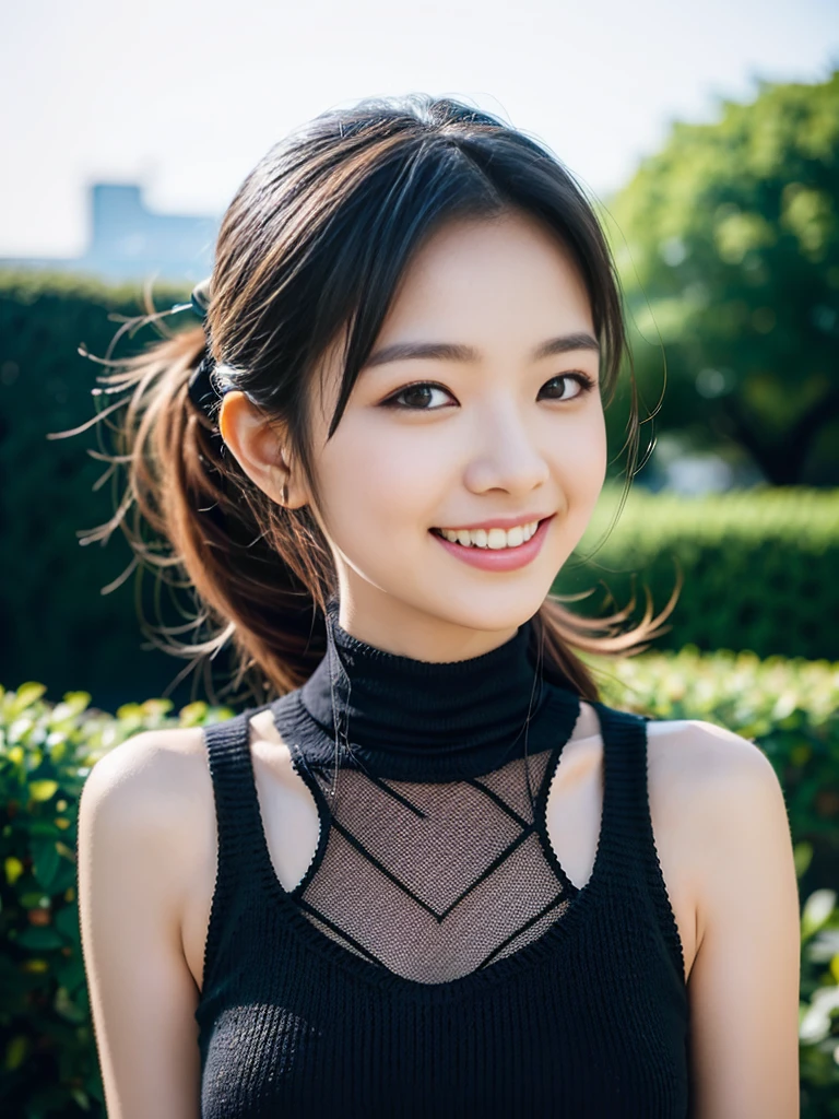 a gorgeous lady, age 18, (Mock Neck Crop Tank Top Black Knitwear), natural pose, night sky, dimpled smile, short ponytail, cute snaggleteeth, photorealistic, beautiful detailed eyes, hyper-realism, high contrast, ultra HD, realistic skin textures, top image quality, top-quality, super high resolution, fine details, very meticulously, bokeh background