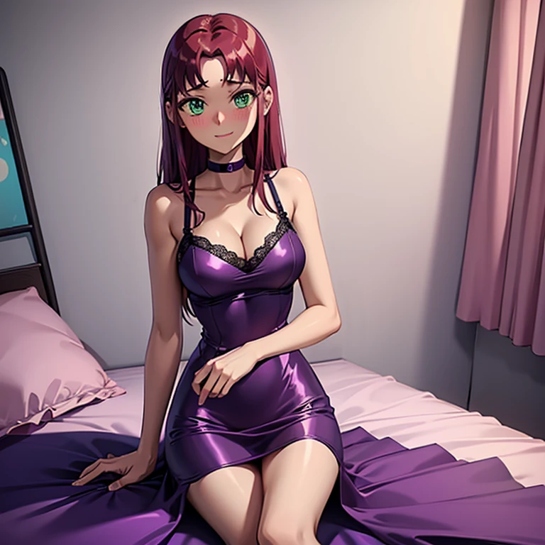 Single, one_girl,  Starfire, shiny_dress, pink_silk_glossy_fabric, skinny, thin_legs, lace, nightwear, glossy_fabric, shiny, green_eyes, dark_skin, short_dress, cleaossy_fabric, long_red_hair, skinny, bedroom, gentle_smile, blushing, beautiful, female, high resolution, 8k