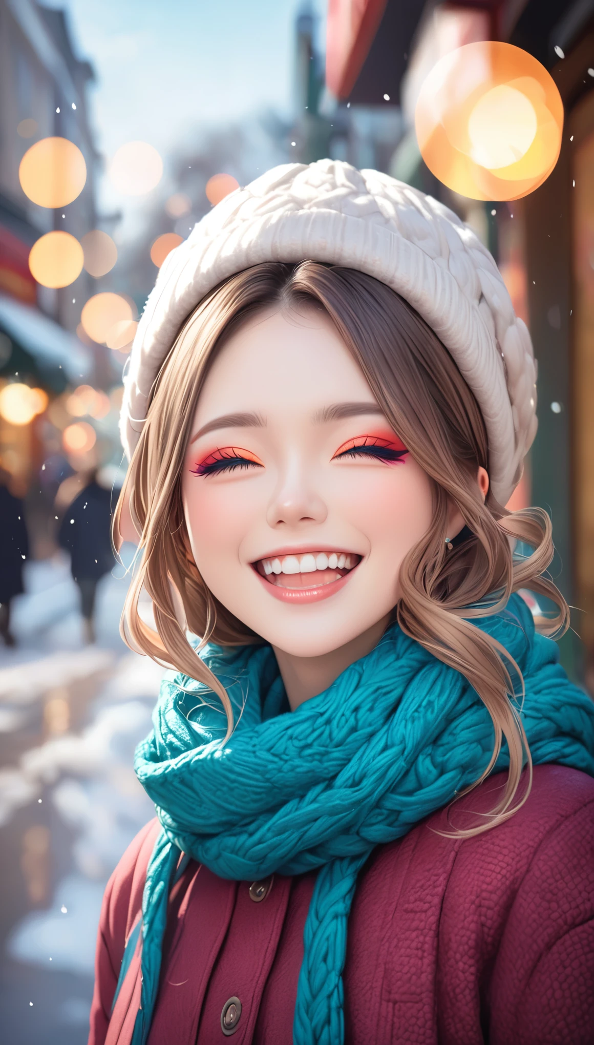 Highly detailed face, ((Drop your eyes)), pretty girl, Vibrant colors, Soft natural light, Bokeh effect. Winter clothing, Perfect Makeup, Professional photography, Street Snapshots, Vibrant colors, (smile, Laughter), 