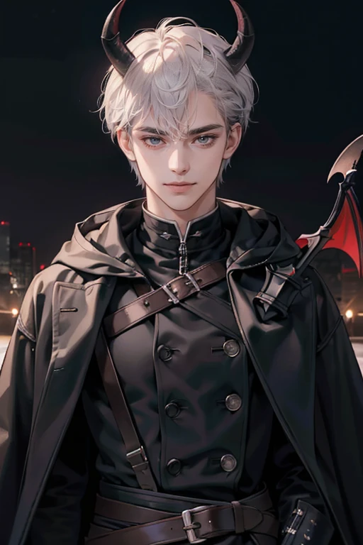 absurd, High resolution, Super detailed, masterpiece, best quality, 1 male, looking at the audience, Upper Body, Black functional coat, hood, Dark night sky, Facial detailing, with buckle and duct tape, Carrying weapon sickle on back, Smiling emoticon, Devil with goat horns