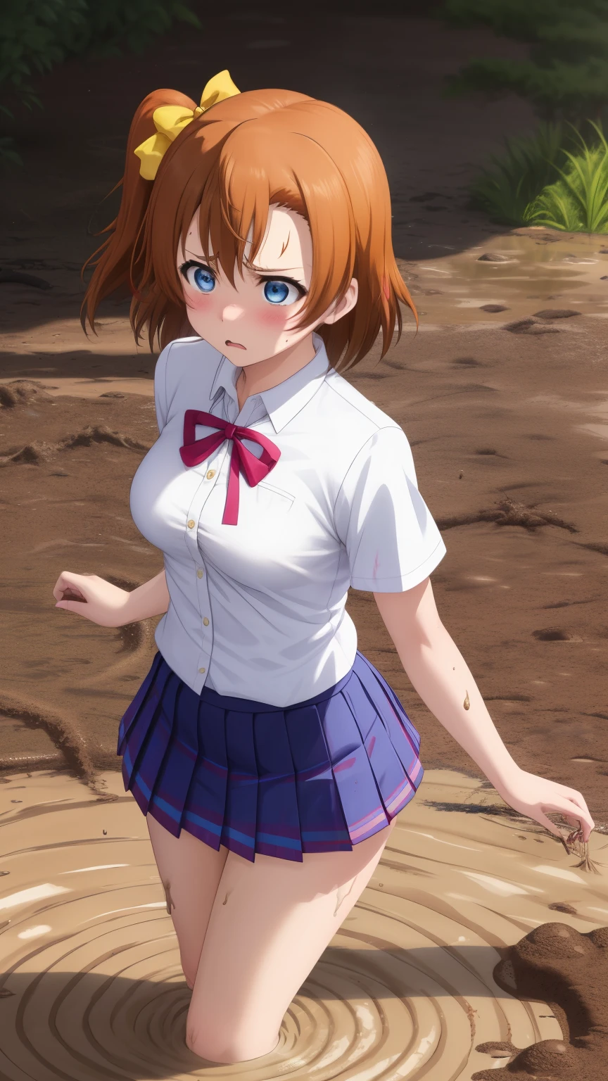 Solo, kousaka honoka, blue eyes, breasts, (upset), short_hair, glossy lips, bangs, medium breasts, otonikazaka high school, white shirt, school neck ribbon, pleated miniskirt, school field, (sinking in mud)