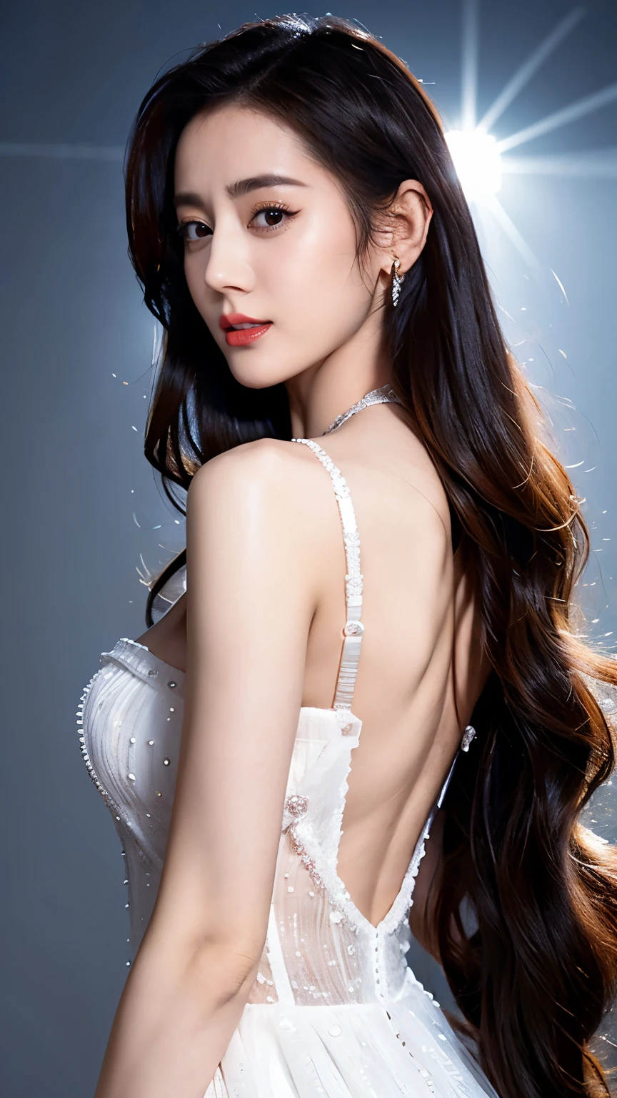 Ultra HD resolution,artistic photos,Photography,21year girl,earrings,long hair,Black background,Black backless dress,necklace,cowboy shot,H cup,Showing cleavage,Expose more breasts,Amazing breast size,Erect nipples,Expose the areola,Bigger breasts,Smooth and beautiful back,Completely bare back,Cold white skin,Big buttocks,White tulle dress,Messy hair,Windblown hair,Translucent clothing,Ruddy face,More transparent clothes