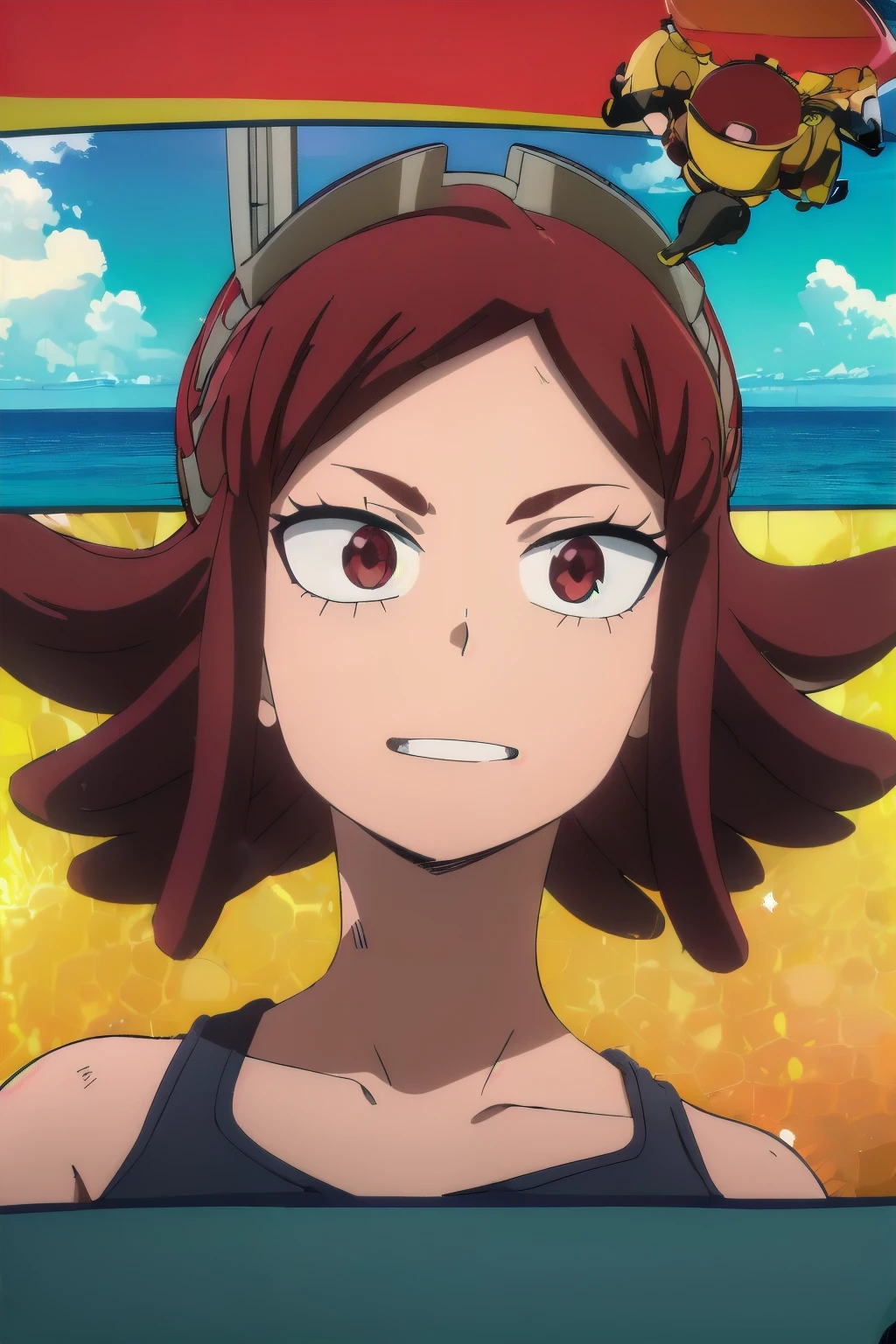 Captura de pantalla de My Hero Academia, chica de cabello corto color negro y rojo delgada, con una silueta de abeja sexy en la playa.

(masterpiece:1.0), ultra high res, 4K, ultra-detailed,
(high quality:1.5), (best quality:1.5), high resolution, 8K,
(detailed:1.5), (beach:1.2), (outlines:1.3), (beach background:1.2),
(short black and red hair with honeybee hairclip: 1.5), (skimpful swimwear: 