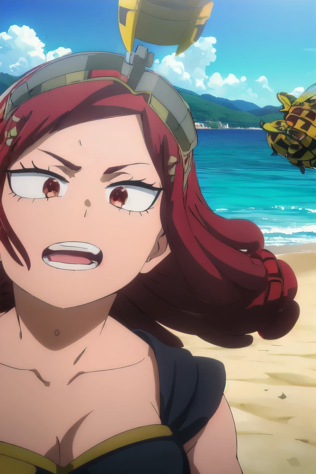 Captura de pantalla de My Hero Academia, chica de cabello corto color negro y rojo delgada, con una silueta de abeja sexy en la playa.

(masterpiece:1.0), ultra high res, 4K, ultra-detailed,
(high quality:1.5), (best quality:1.5), high resolution, 8K,
(detailed:1.5), (beach:1.2), (outlines:1.3), (beach background:1.2),
(short black and red hair with honeybee hairclip: 1.5), (skimpful swimwear: 