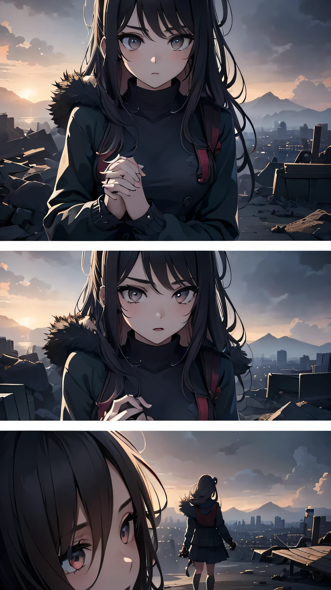 2 girls, friends, ((friendship)), end of the world, epic realistic, (hdr:1.4), (muted colors:1.4), apocalypse, abandoned, neutral colors, night, screen space refractions, (intricate details), (intricate details, hyperdetailed:1.2), artstation, cinematic shot, vignette, complex background, building,((holding hands))