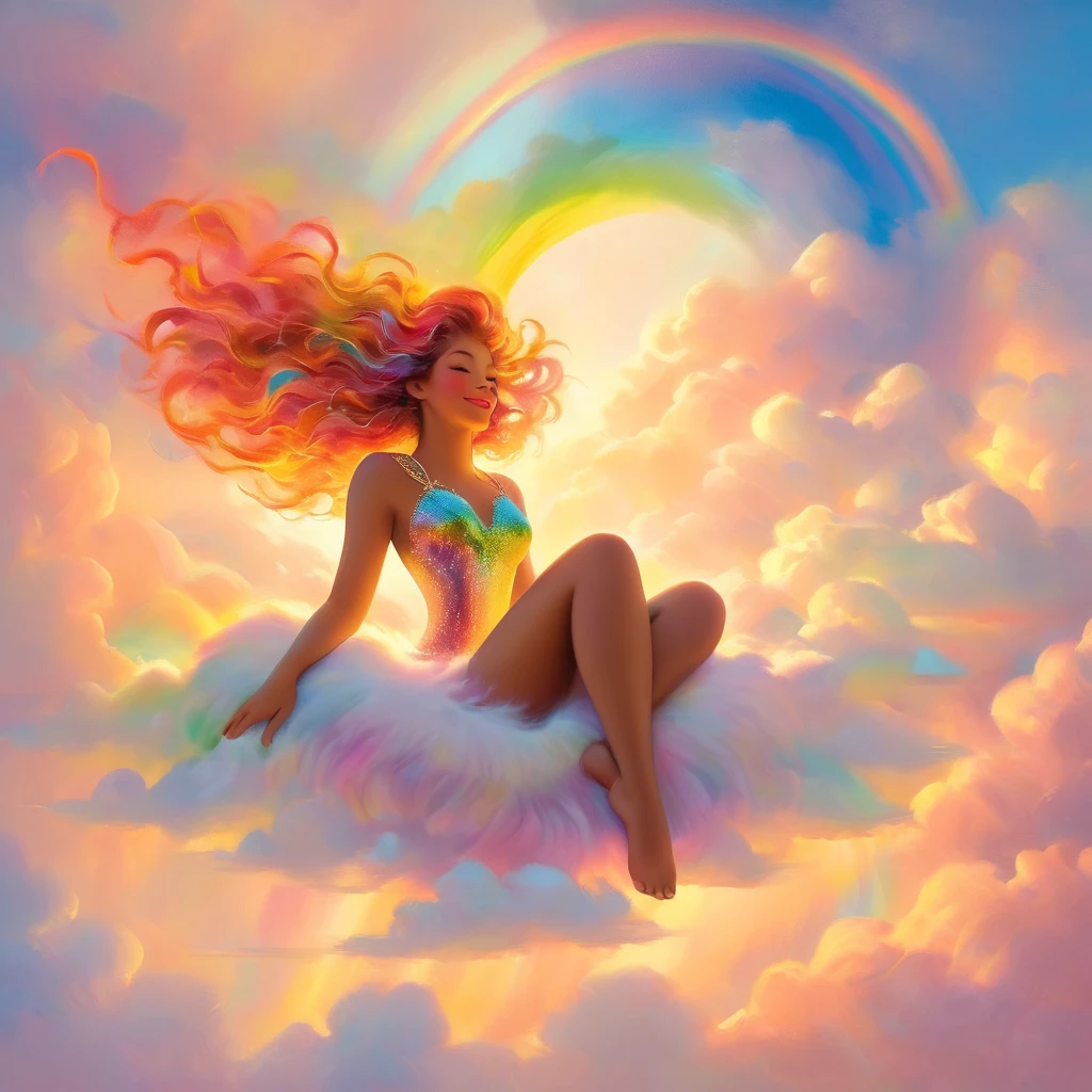 A stunningly ethereal woman, composed of a dazzling array of rainbow hues, reclines gracefully at the end of a radiant rainbow amidst the fluffy clouds in the sky. Bathed in dynamic and enchanting lighting, accentuates her vibrant, full-bodied form. Fantasy art. Masterpiece 