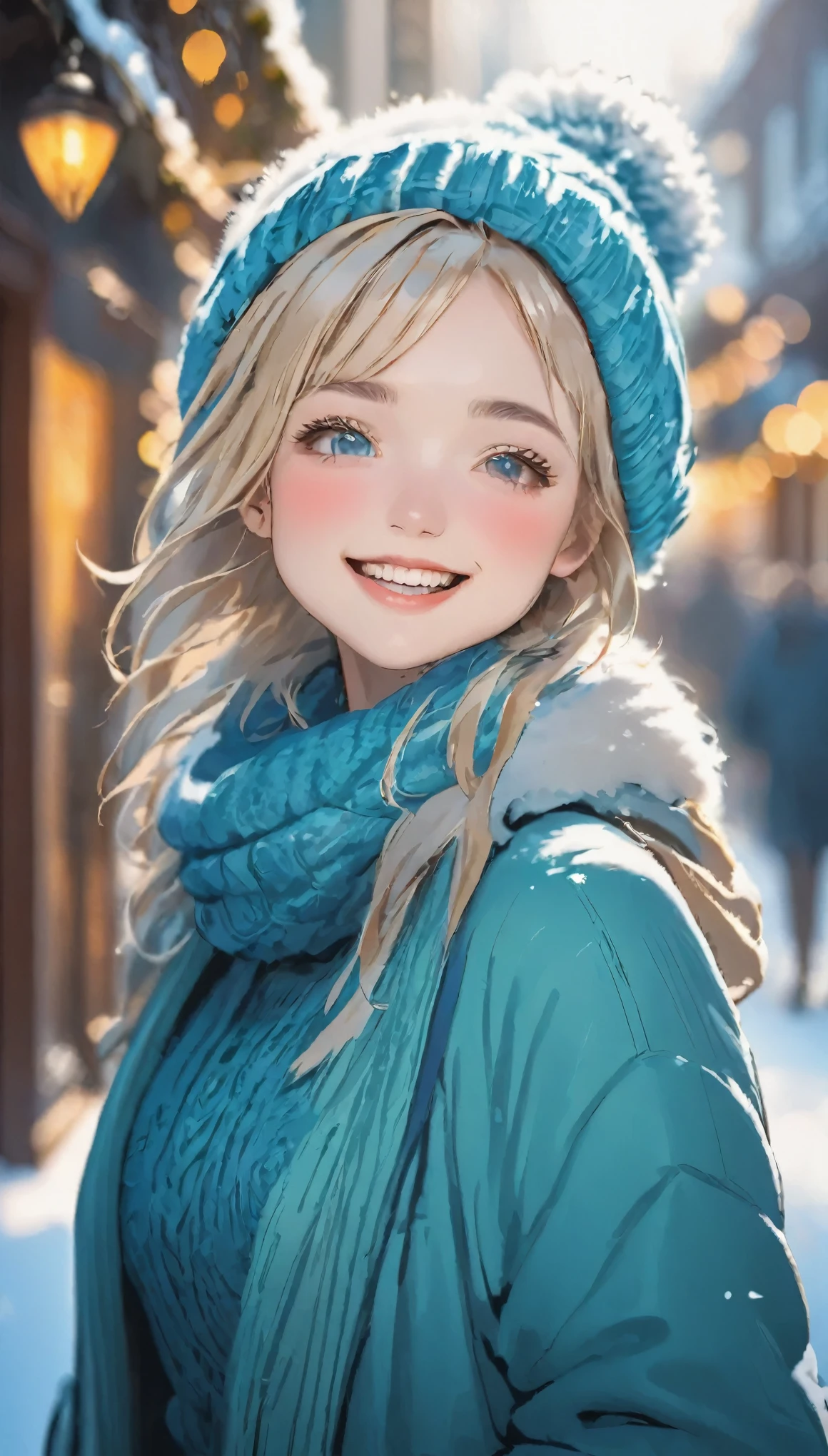 Highly detailed face, ((Drop your eyes)), pretty girl, Vibrant colors, Soft natural light, Bokeh effect. Winter clothing, Perfect Makeup, Professional photography, Street Snapshots, Vibrant colors, (smile, Laughter), 