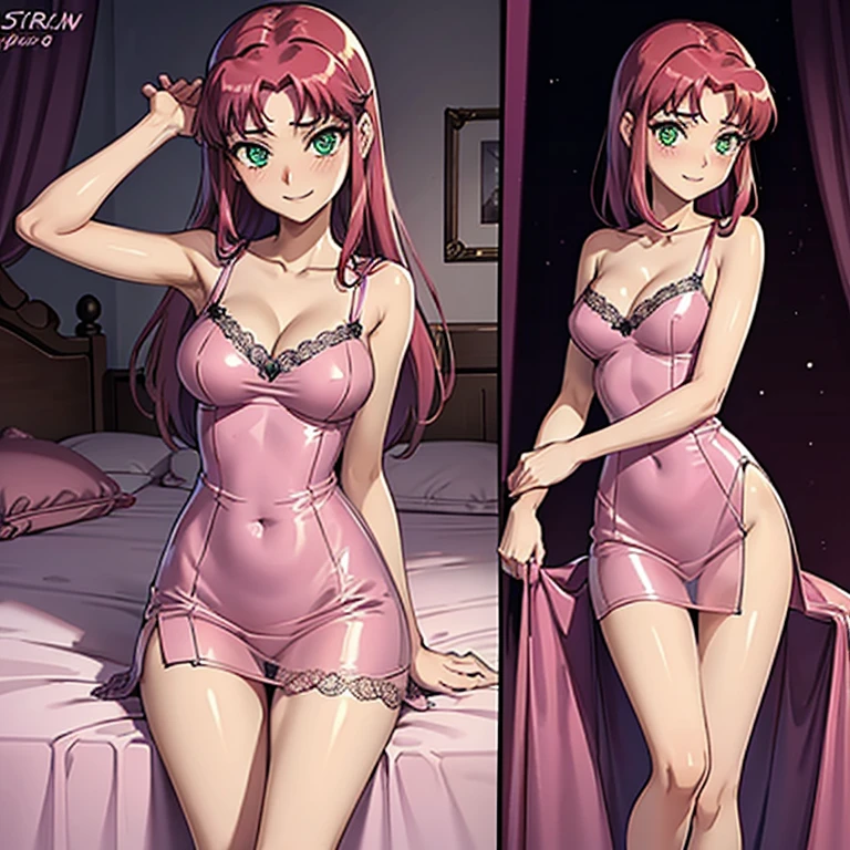 Starfire, shiny_dress, pink_silk_glossy_fabric, skinny, thin_legs, lace, nightwear, glossy_fabric, shiny, short_dress, cleavage, glossy_fabric, green_eyes, long_red_hair, skinny, bedroom, gentle_smile, blushing, beautiful, female, high resolution, 8k