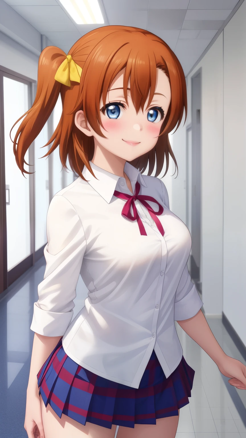 Solo, kousaka honoka, blue eyes, breasts, blush, smile, short_hair, glossy lips, bangs, medium breasts, school, hallway, otonikazaka high school, white shirt, school neck ribbon, pleated miniskirt