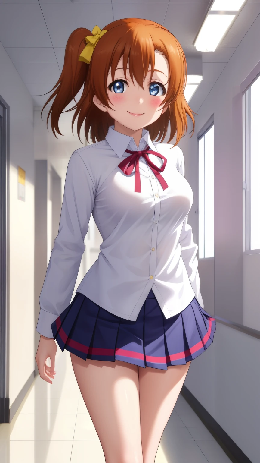 Solo, kousaka honoka, blue eyes, breasts, blush, smile, short_hair, glossy lips, bangs, medium breasts, school, hallway, otonikazaka high school, white shirt, school neck ribbon, pleated miniskirt