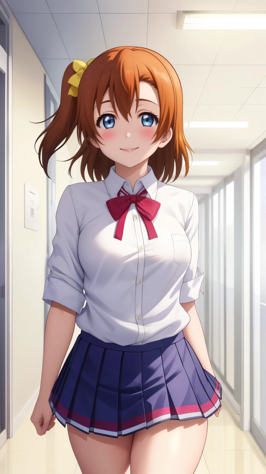Solo, kousaka honoka, blue eyes, breasts, blush, smile, short_hair, glossy lips, bangs, medium breasts, school, hallway, otonikazaka high school, white shirt, school neck ribbon, pleated miniskirt