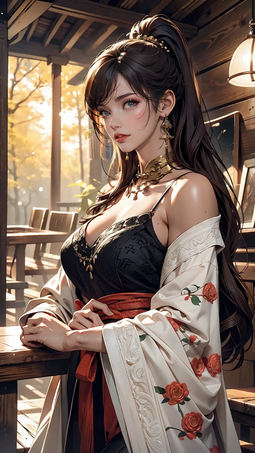 (Photorealism), (Highest quality, masterpiece, Full of details), Traditional Japanese wooden house、A 24-year-old woman sits on the veranda、Off-the-shoulder dress、Cleavage Emphasis、Sexy proportions、Sexy、Narrow waist and accessories on the wrists、Wear high heels、There is a well in the garden、There is a hand pump、Cowboy Shot
