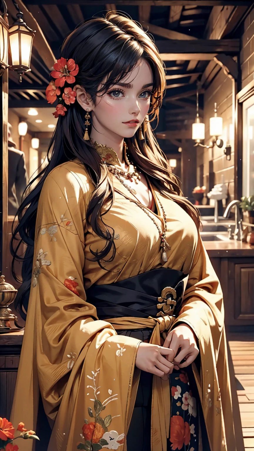 4K, Realistic, Very detailed, There's a girl in the woods, She is a samurai, War Theme, Soft clothes, Long Hair, Wearing leggings, Age 25, whole body, Wearing Gucci shoes