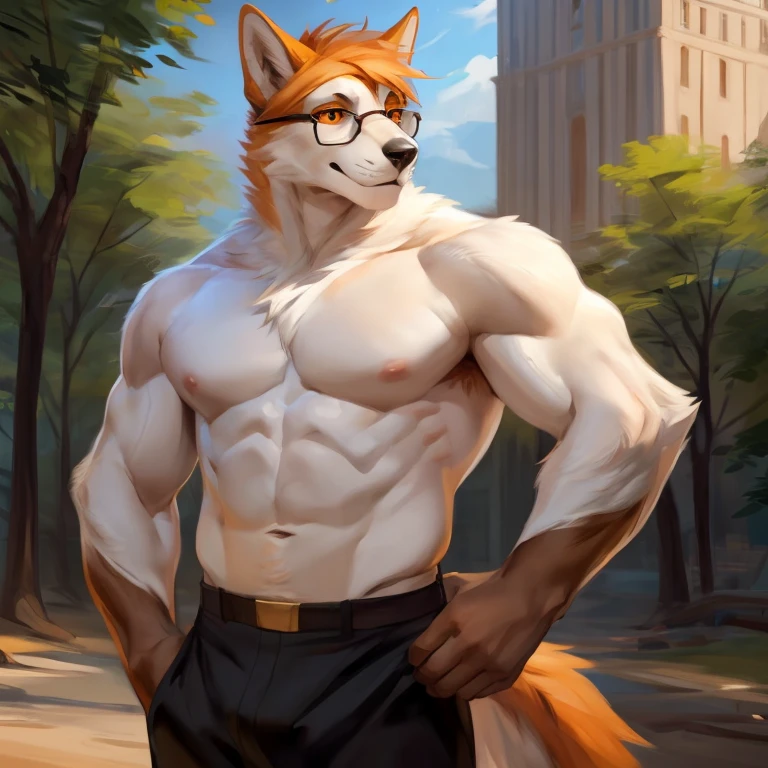 Solo, standing, male, canine, white fur, orange eyes, orange hair, glasses, brown arms, muscular, By bebebebebe, by buta99, by chunie, by sonsasu, by danza