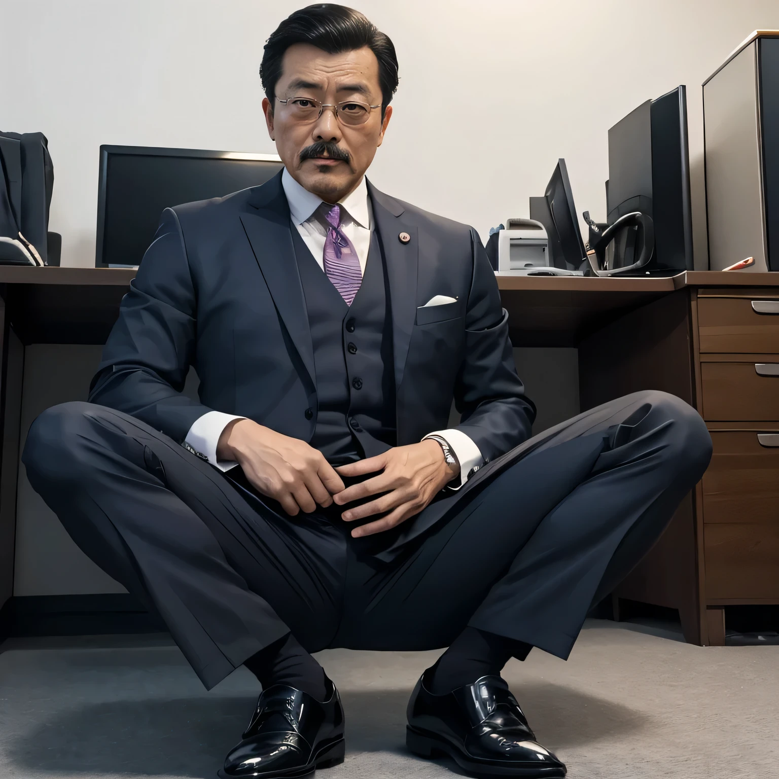 55 years old，Kogoro Mori，uncle，，Convex，in office，Wear dark socks，anti-slip leather shoes，beard，toughness，Drooling in the mouth，HD，artwork，full of enjoyment，Very shy，exposed，Spread your legs and straighten them，Wear a suit，Trousers，A large protrusion with masculine characteristics，The crotch has columnar protrusions，God&#39;view，Take off your pants，Sexy lingerie lace，Floor perspective, Ecstasy expression/gender(milky, Translucent mucus in the abdomen and chest)