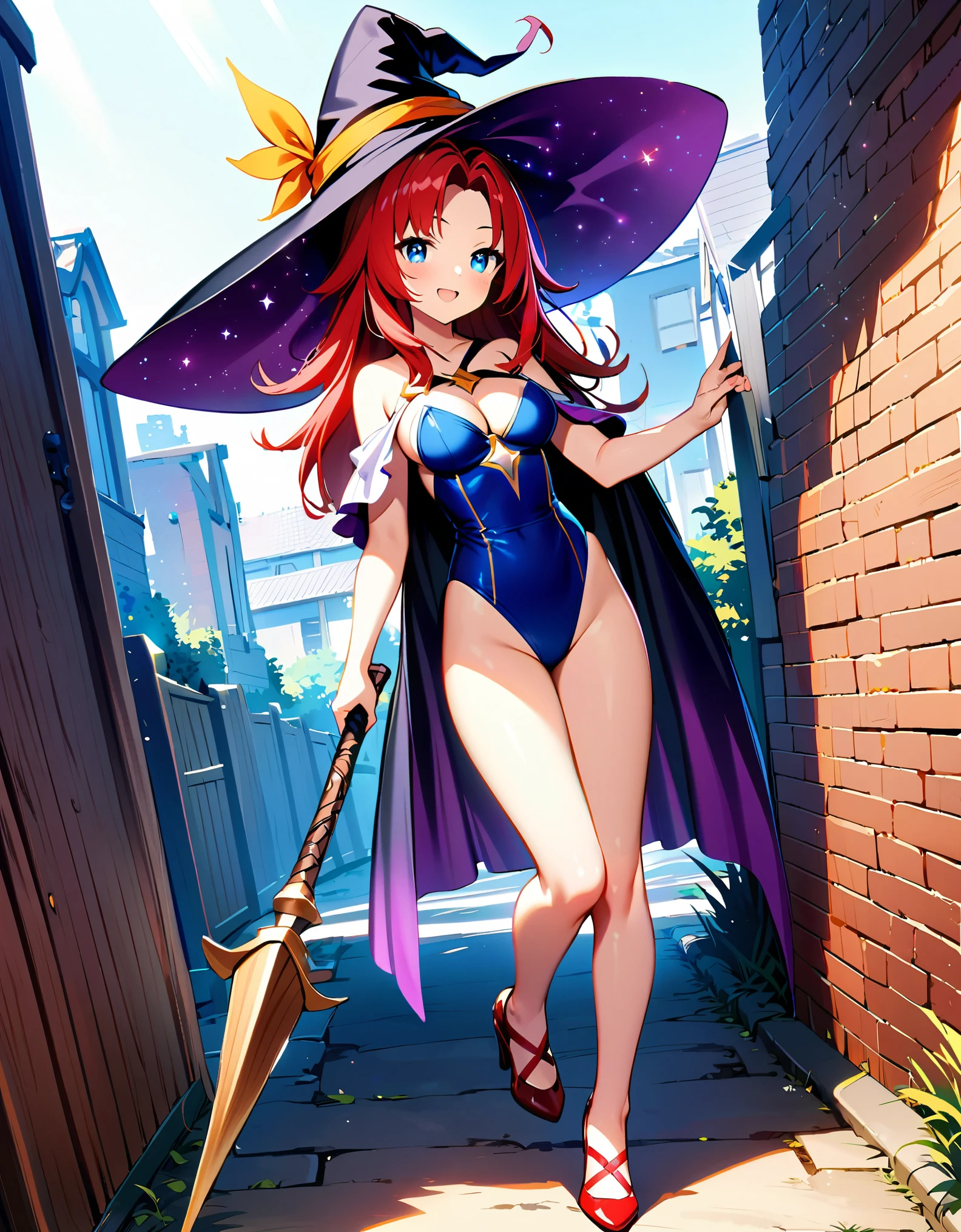 1girl, high school student, superhero, holding wand, superhero sorceress witch, sky witch, leotard, blue leotard with white accents, bare legs, blue thigh-highs, red high heels, witch hat, red hair, long hair, blue eyes, beautiful detailed eyes, beautiful detailed face, cute face, medium breasts, -18, solo, solo focus, wonder