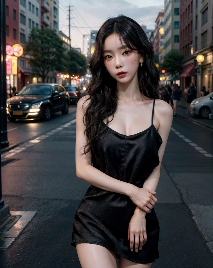 absurdres, RAW photo, extremely delicate and beautiful, masterpiece, Best Quality, ultra high resolution, 32k, hyperrealistic, ultra-detailed, perfect anatomy, perfect figure, Perfect skin, super Detailed skin, muted coral blush, Closed mouth, 20 years old, very Slim body, narrow waist, very small head, very small face, delicate facial features, tearful mole, earring, thin legs, bare legs, (((very huge round breasts))), short medium hair, brown braid hair, ((wavy hair)), (1girl:1.6), (Anatomically correct), (Plump nipples), day light, ((night city street)), ((Silk hot black dress:1.3)), ((tightly dress)), ((laced dress)),