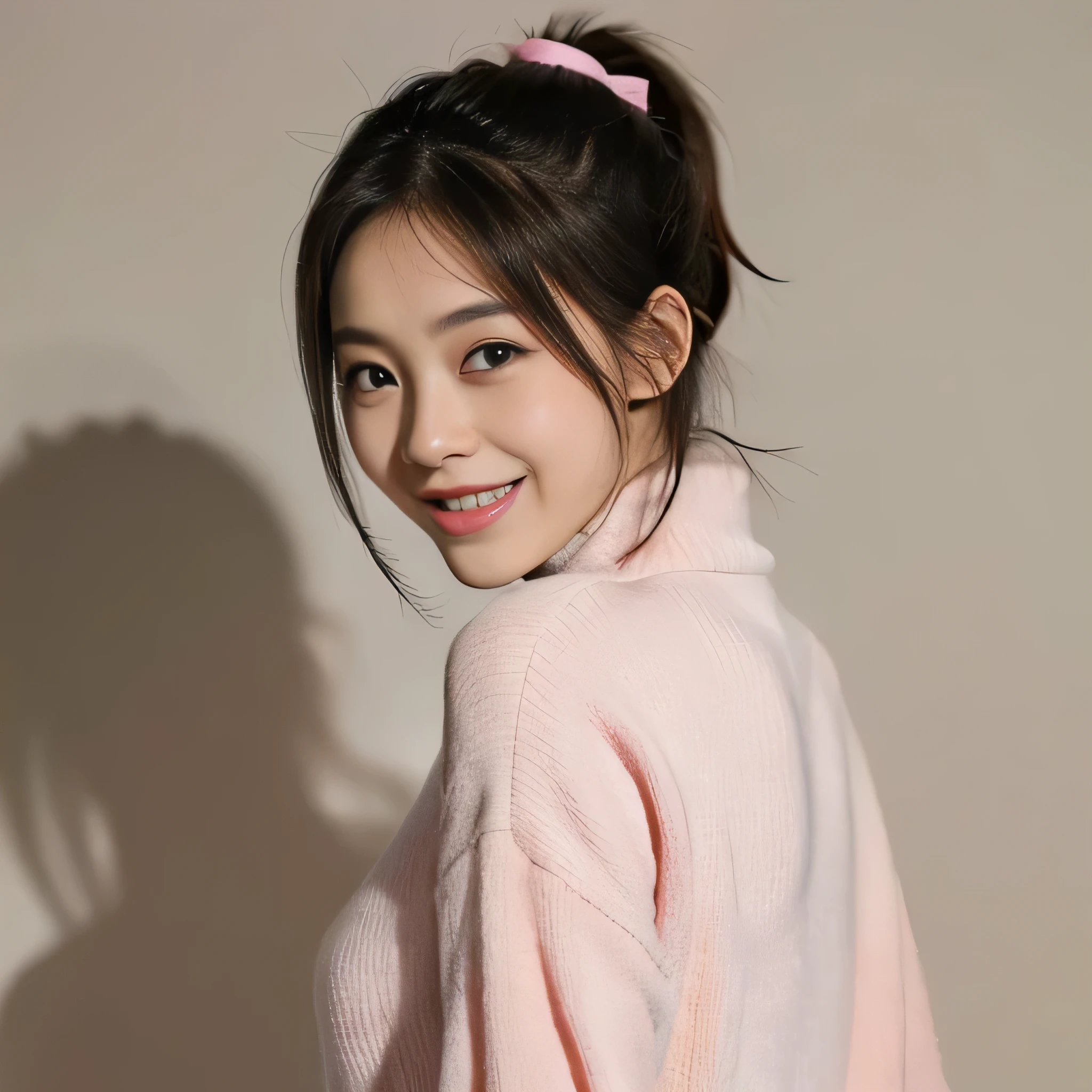 japanese, cute, smiling, pink lips, face looking camera, pony tail, trendy outfit