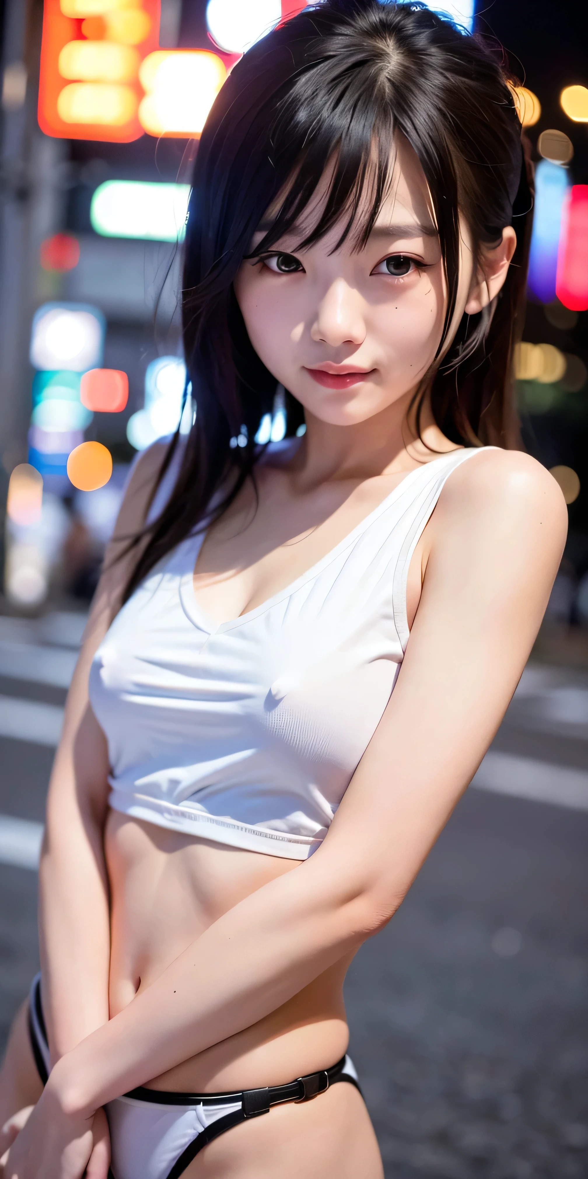 One girl, Tokyo Street,night, Cityscape,City lights,Upper Body,close,smile,, (8k, RAW Photos, highest quality, masterpiece:1.2),(Realistic, photo-Realistic:1.37),