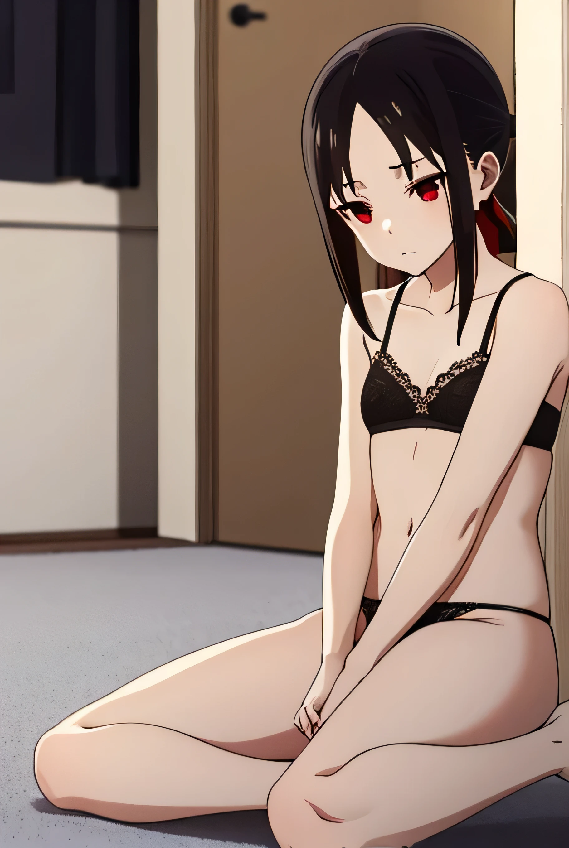 kaguyashinomiya, kaguya shinomiya, short hair, bangs, black hair, (red eyes:1.3), hair ribbon, sidelocks, folded ponytail, (parted bangs:1.5),
BREAK lace bra, black socks, no shoes, nsfw
BREAK indoors, bedroom,
BREAK lace panties, BREAK full body view, ultra high quality, underwear, legs spread, sitting on floor
